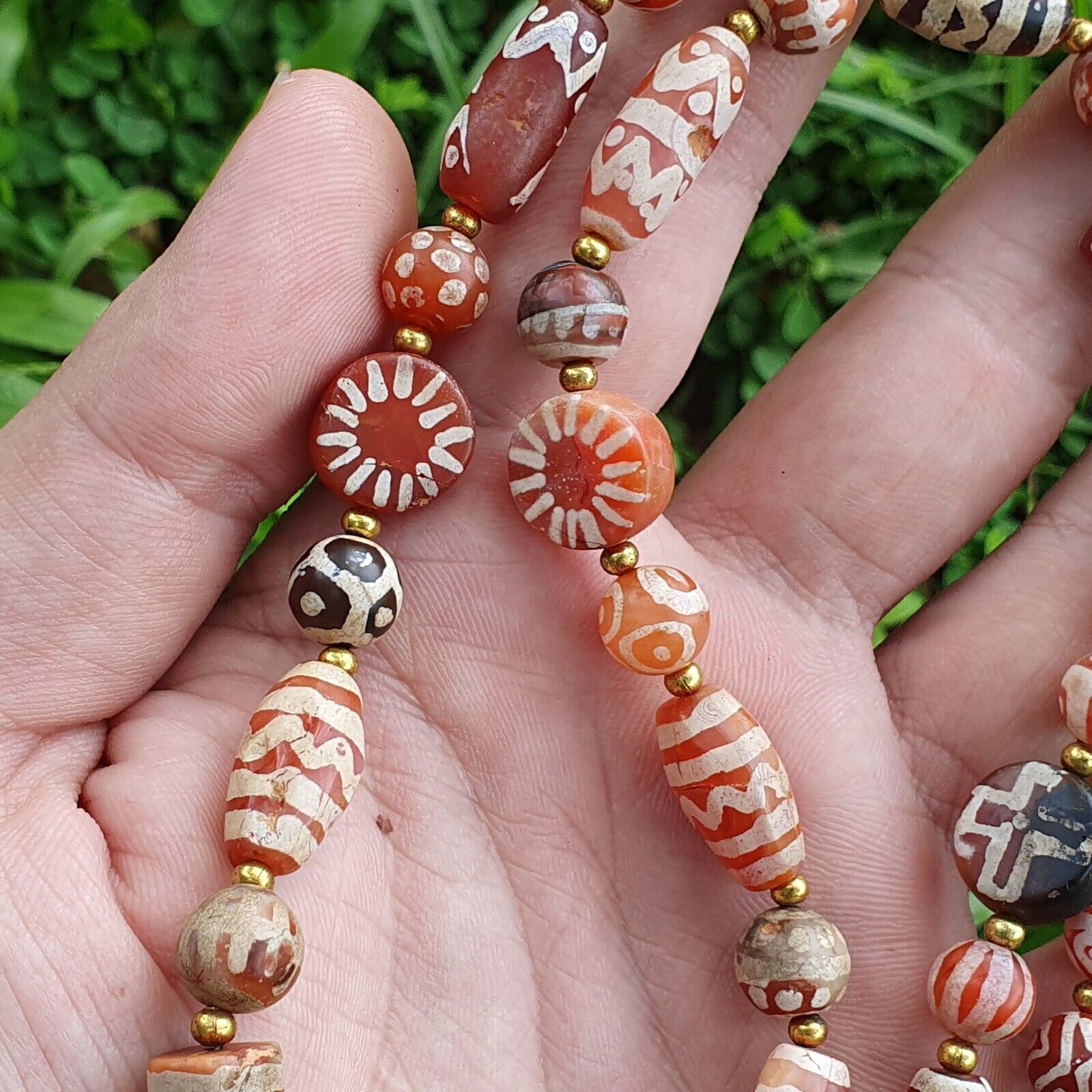 Antique HIMALAYAN Indo Tibetan Central Asian Etched Agate beads Necklace 14ED-A-