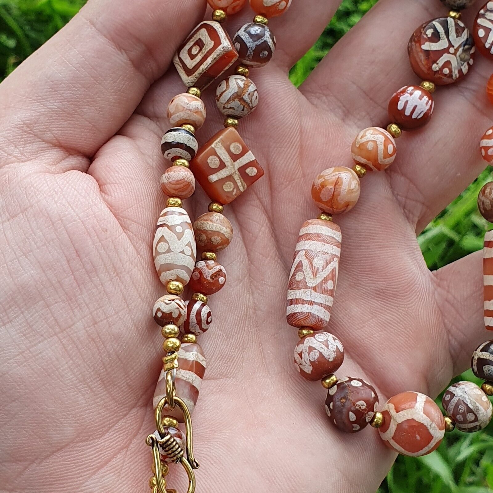 Antique HIMALAYAN Indo Tibetan Central Asian Etched Agate beads Necklace 12ED-A-