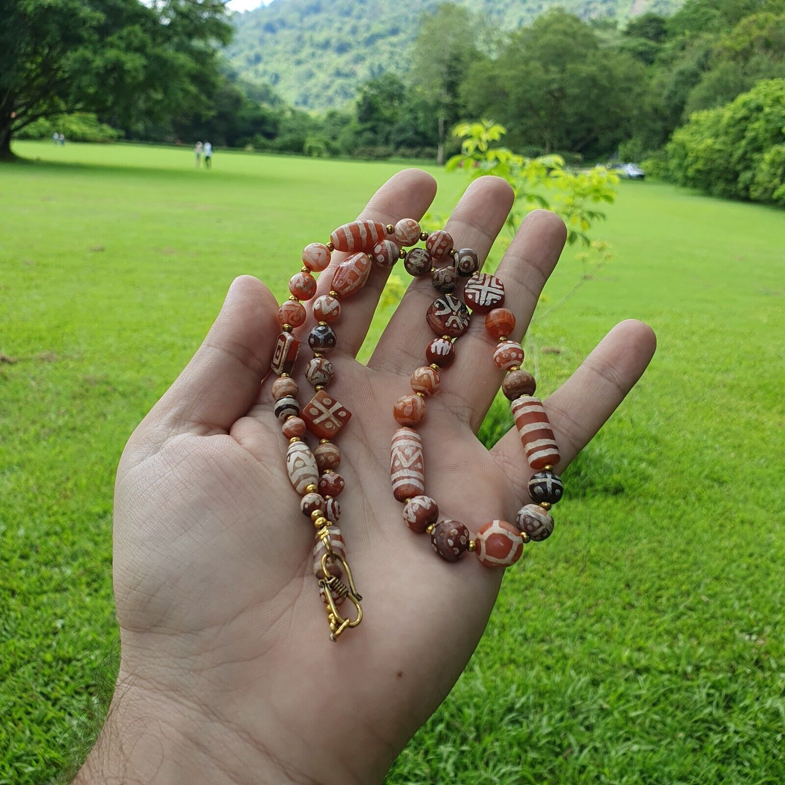 Antique HIMALAYAN Indo Tibetan Central Asian Etched Agate beads Necklace 12ED-A-