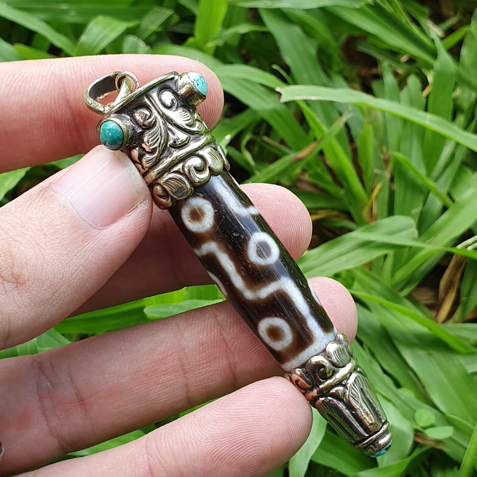 9 Falling Eyes Tibetan Nepalese dzi bead Agate With turquoise gzi pendant