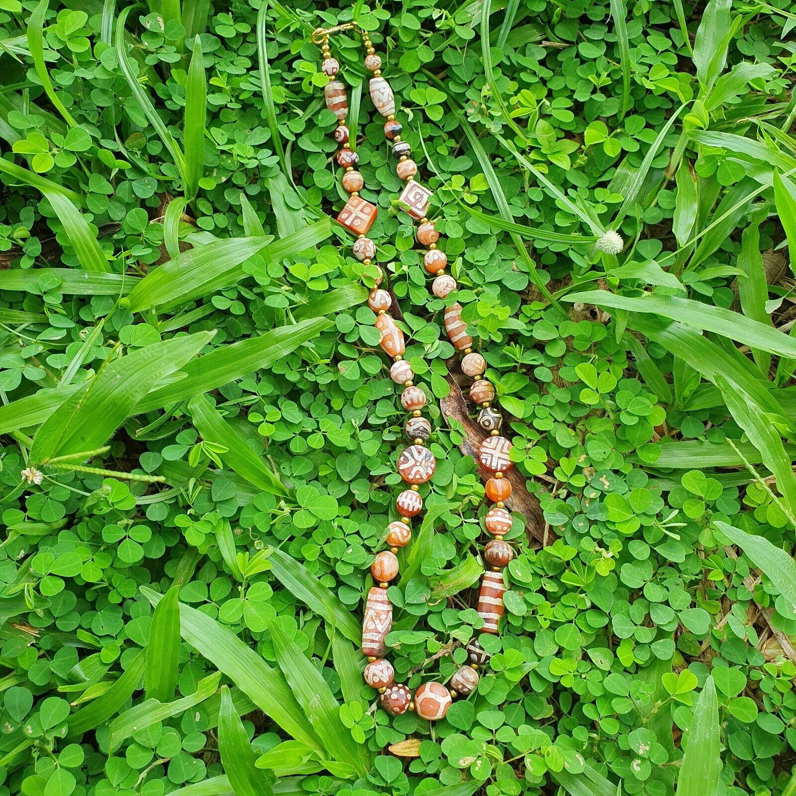 Antique HIMALAYAN Indo Tibetan Central Asian Etched Agate beads Necklace 12ED-A-