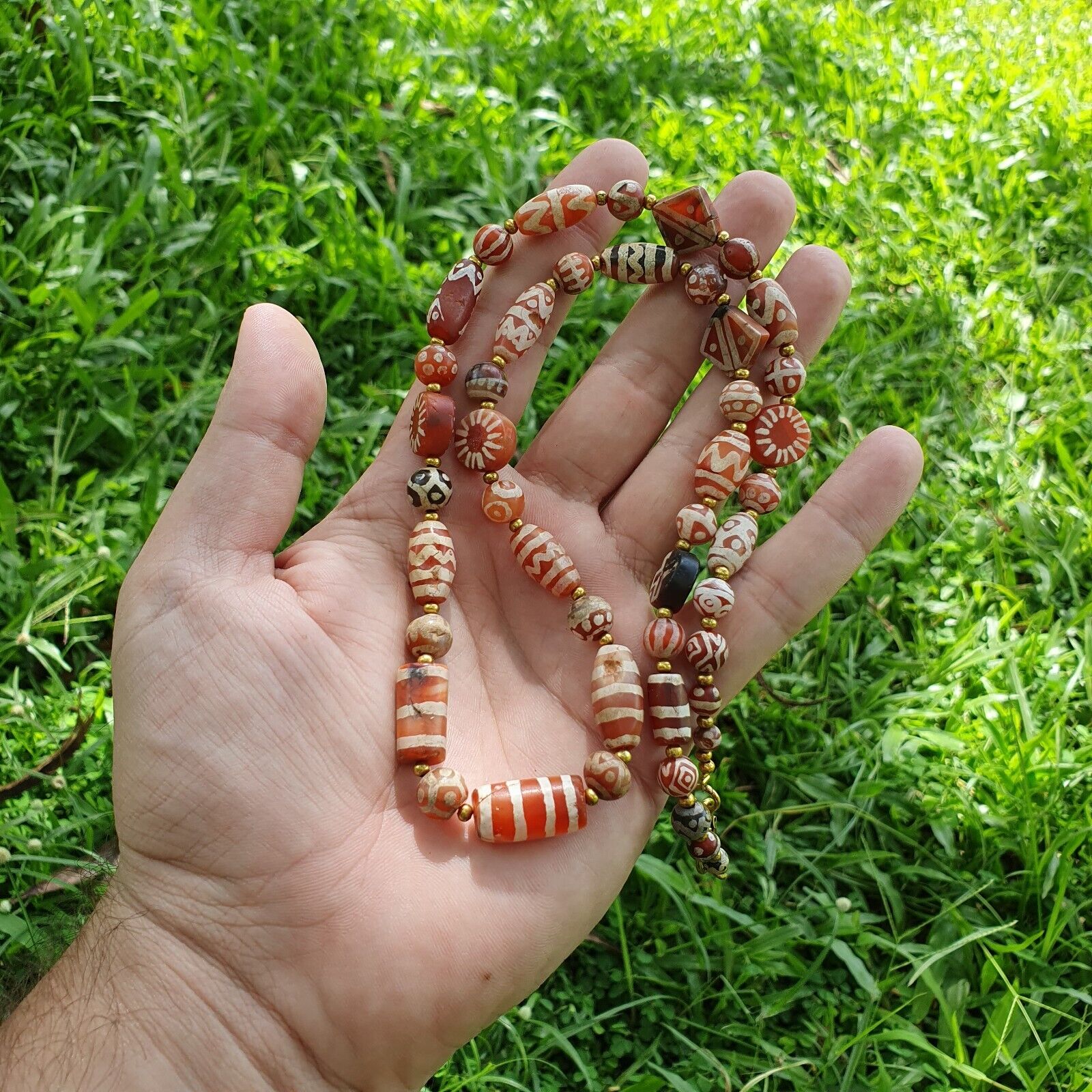 Antique HIMALAYAN Indo Tibetan Central Asian Etched Agate beads Necklace 14ED-A-