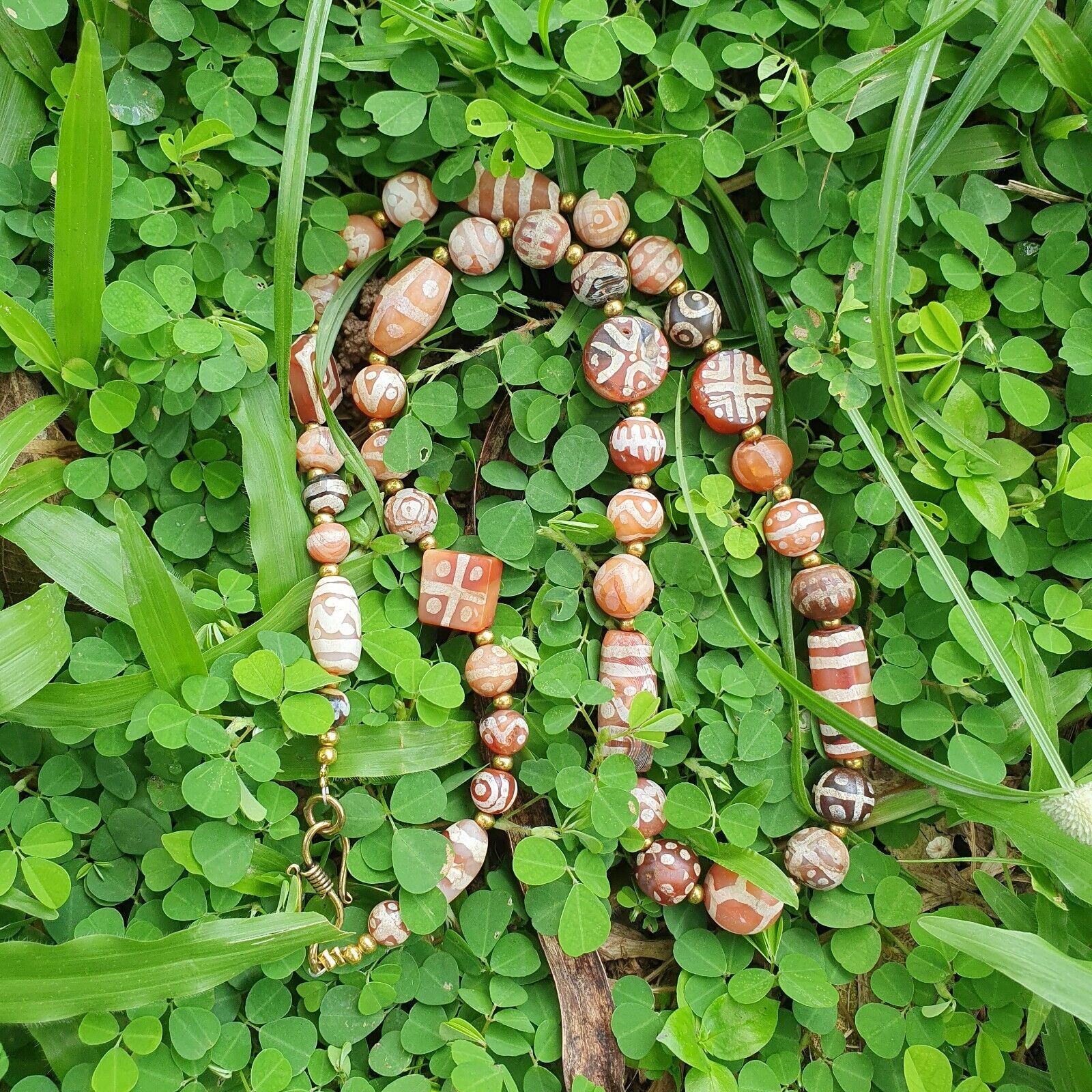 Antique HIMALAYAN Indo Tibetan Central Asian Etched Agate beads Necklace 12ED-A-