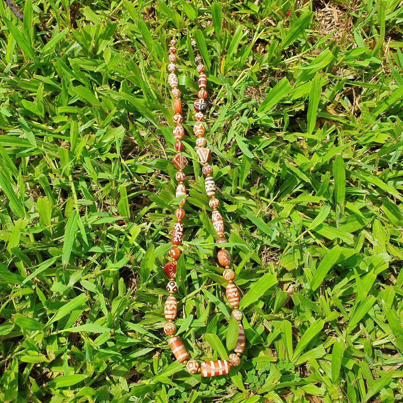Antique HIMALAYAN Indo Tibetan Central Asian Etched Agate beads Necklace 14ED-A-
