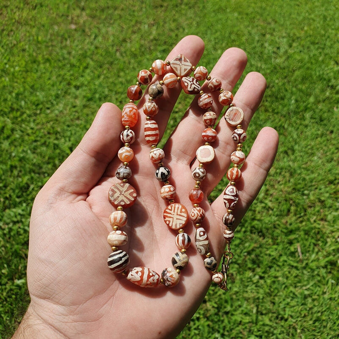 Antique Himalayan Indo Tibetan Central Asian Etched Agate Beads Necklace 13ED-A