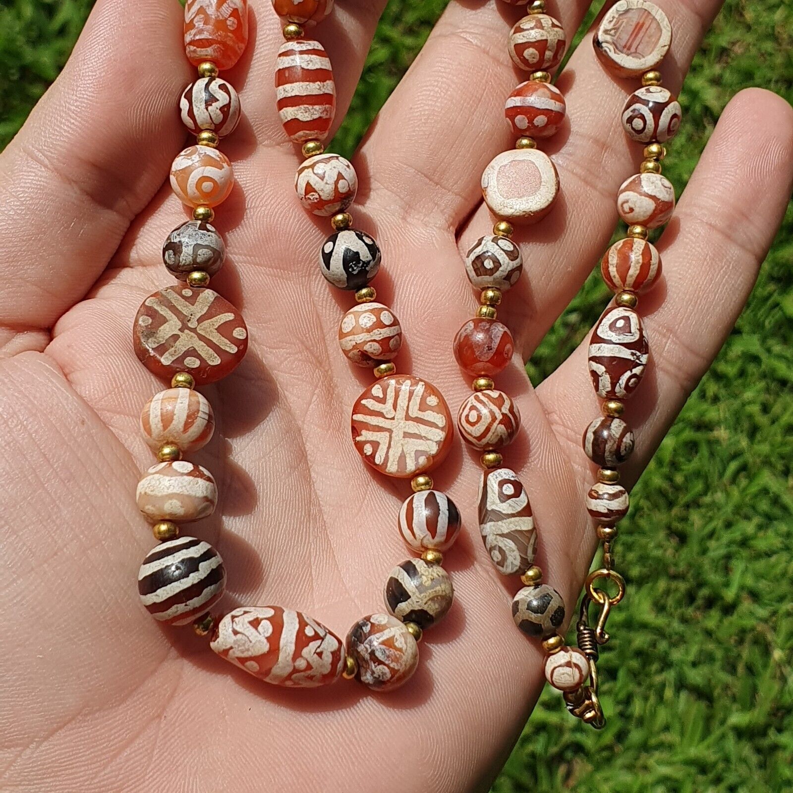 Antique HIMALAYAN Indo Tibetan Central Asian Etched Agate beads Necklace 13ED-A-