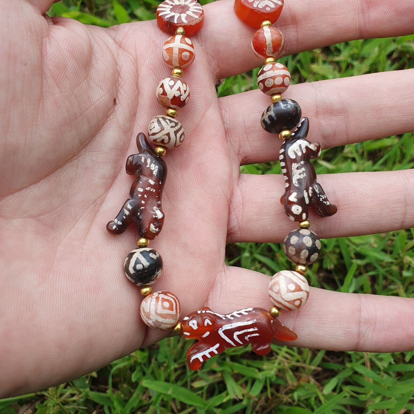 Antique HIMALAYAN Indo Tibetan Central Asian Etched Agate beads Necklace 11ED-A-