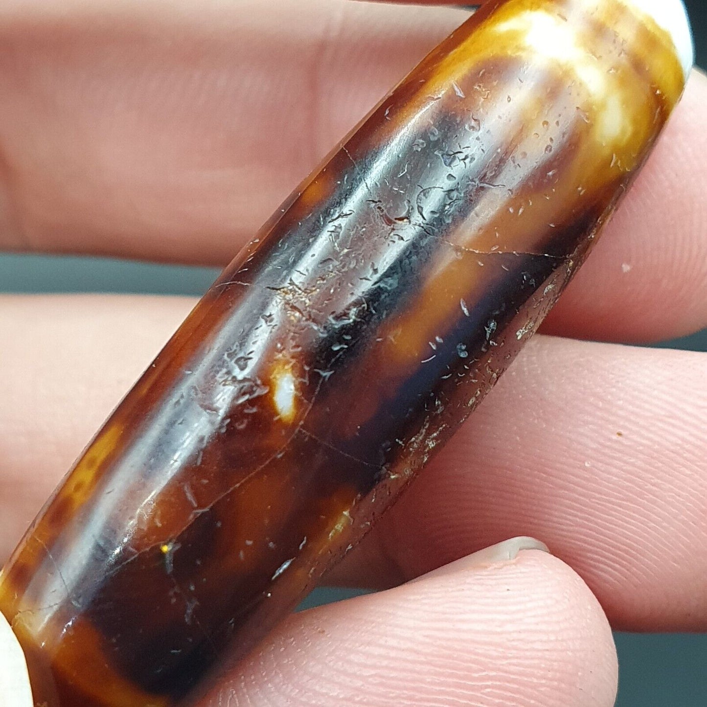 B#7Antike tibetische alte Achat-2-Augen-Dzi-Amulettperle
