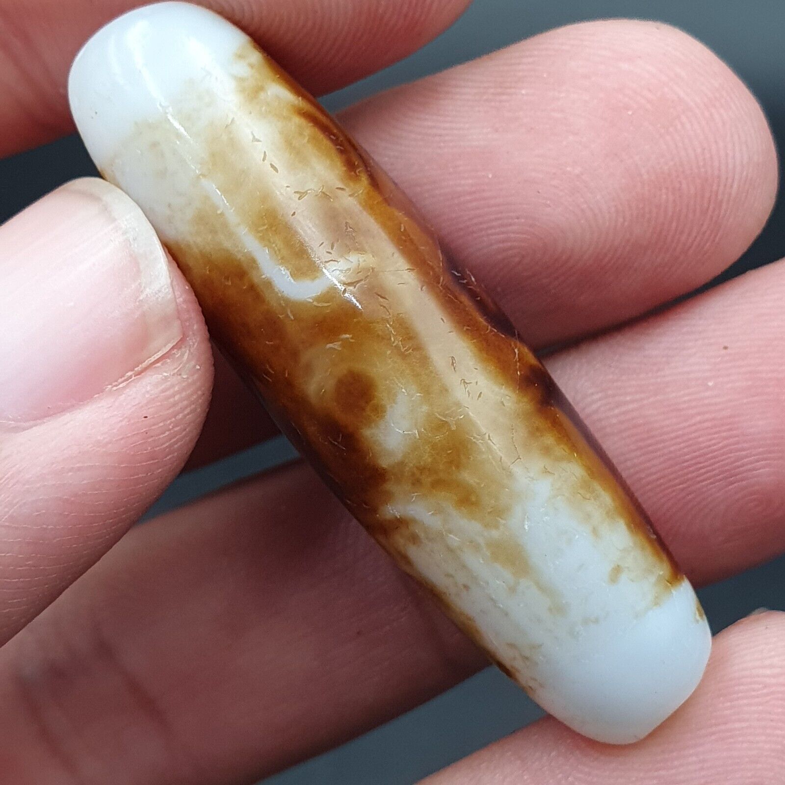 B#7Antique Tibetan Old Agate 2 eye Dzi Amulet Bead
