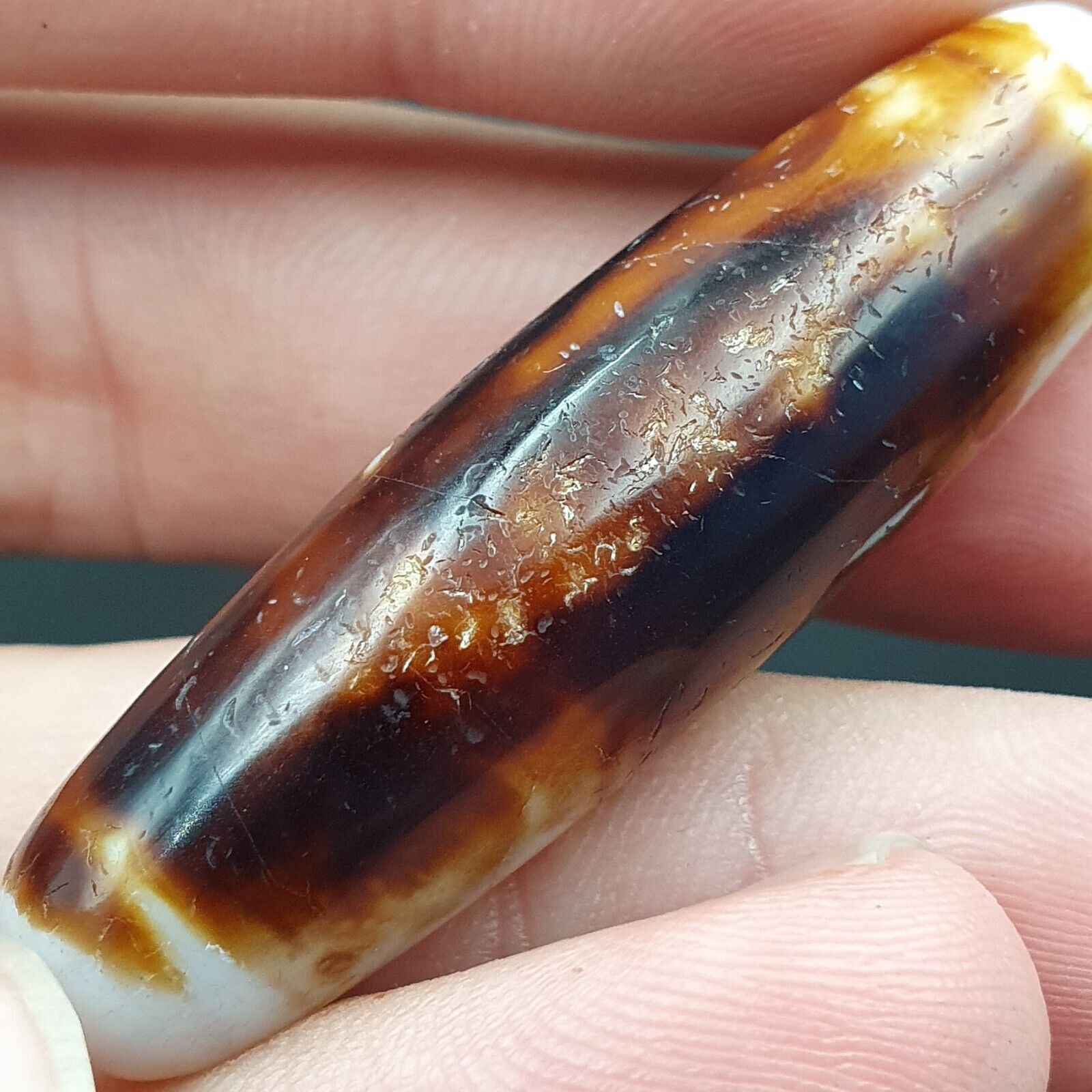 B#7Antique Tibetan Old Agate 2 eye Dzi Amulet Bead