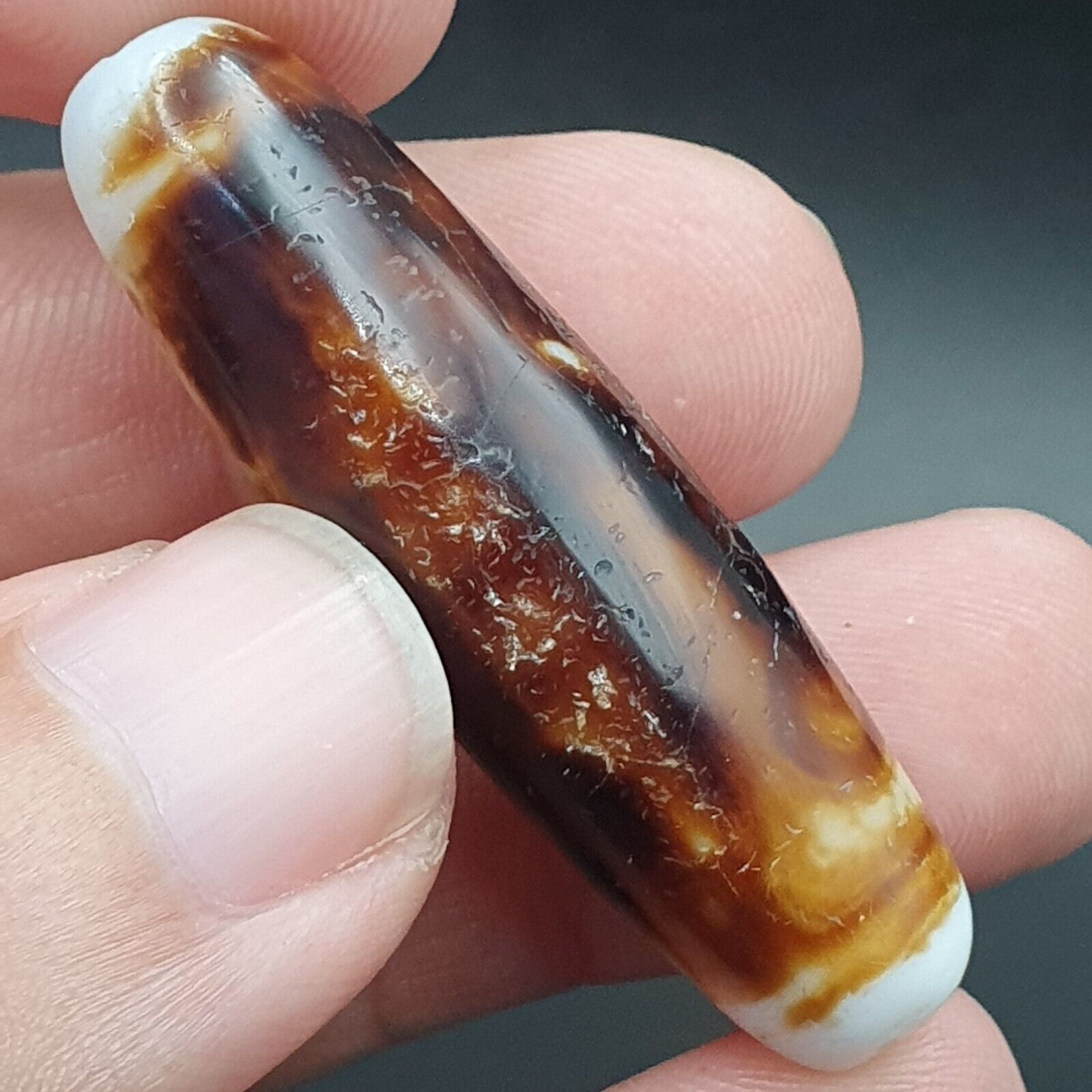 B#7Antique Tibetan Old Agate 2 eye Dzi Amulet Bead