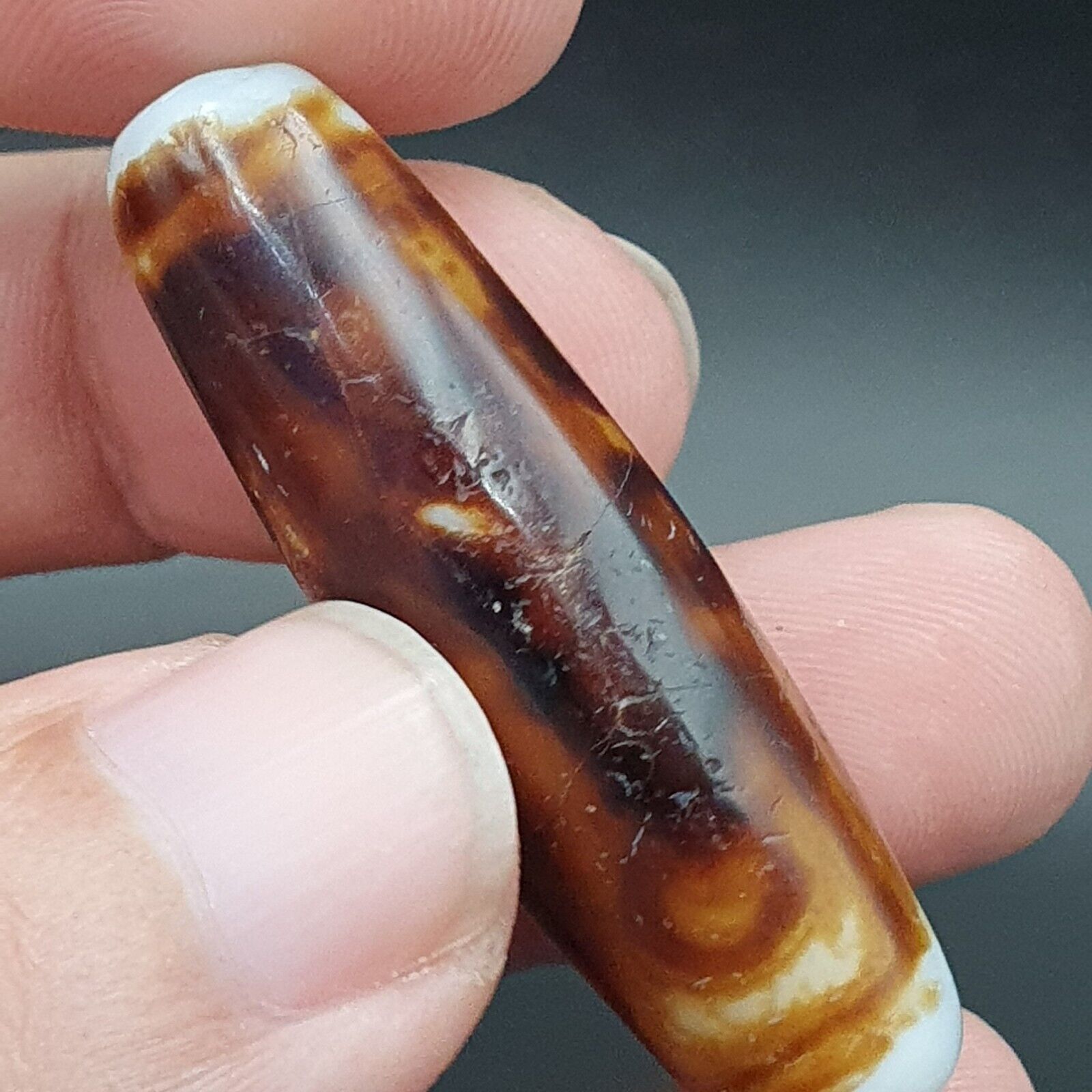 B#7Antique Tibetan Old Agate 2 eye Dzi Amulet Bead