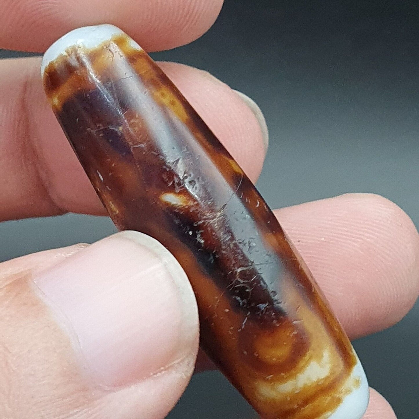B#7Antike tibetische alte Achat-2-Augen-Dzi-Amulettperle