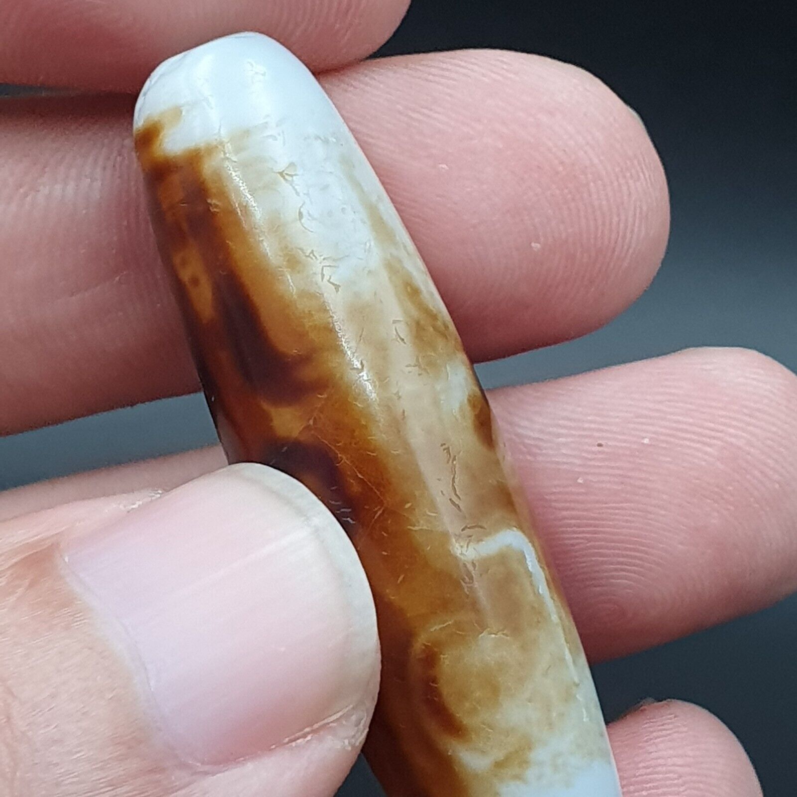 B#7Antique Tibetan Old Agate 2 eye Dzi Amulet Bead