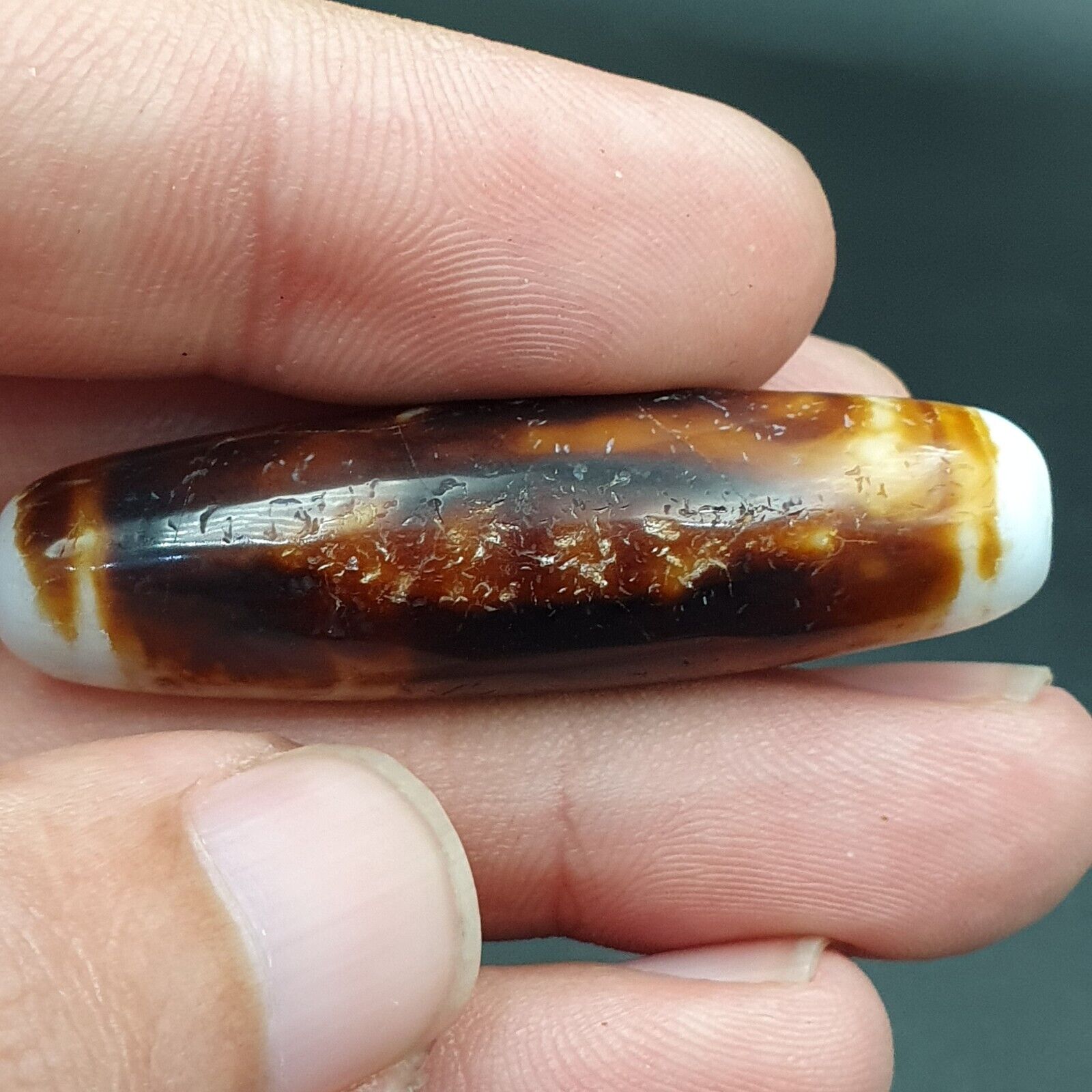 B#7Antique Tibetan Old Agate 2 eye Dzi Amulet Bead