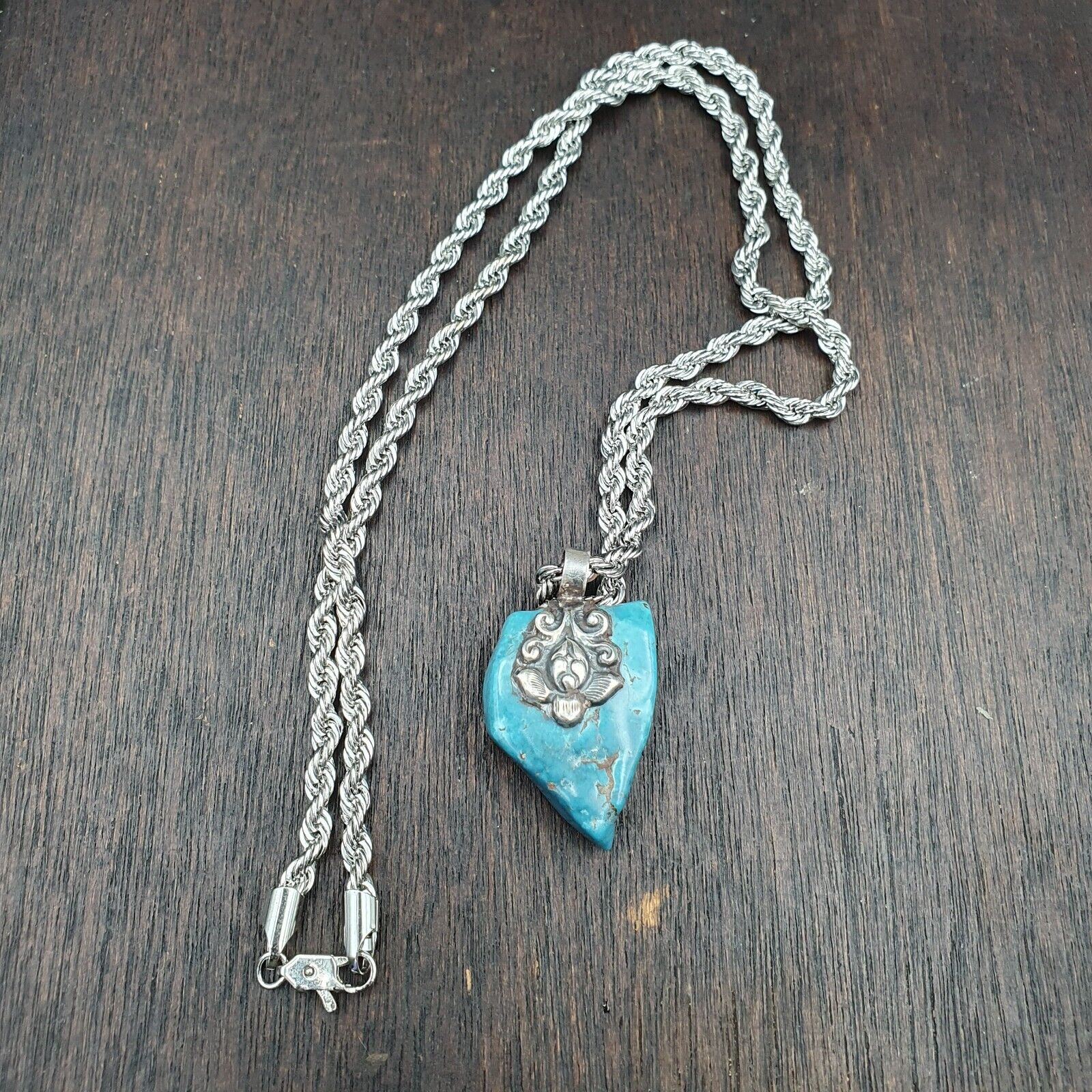 VINTAGE Natural Turquoise 925 SILVER Pendant Necklace #4