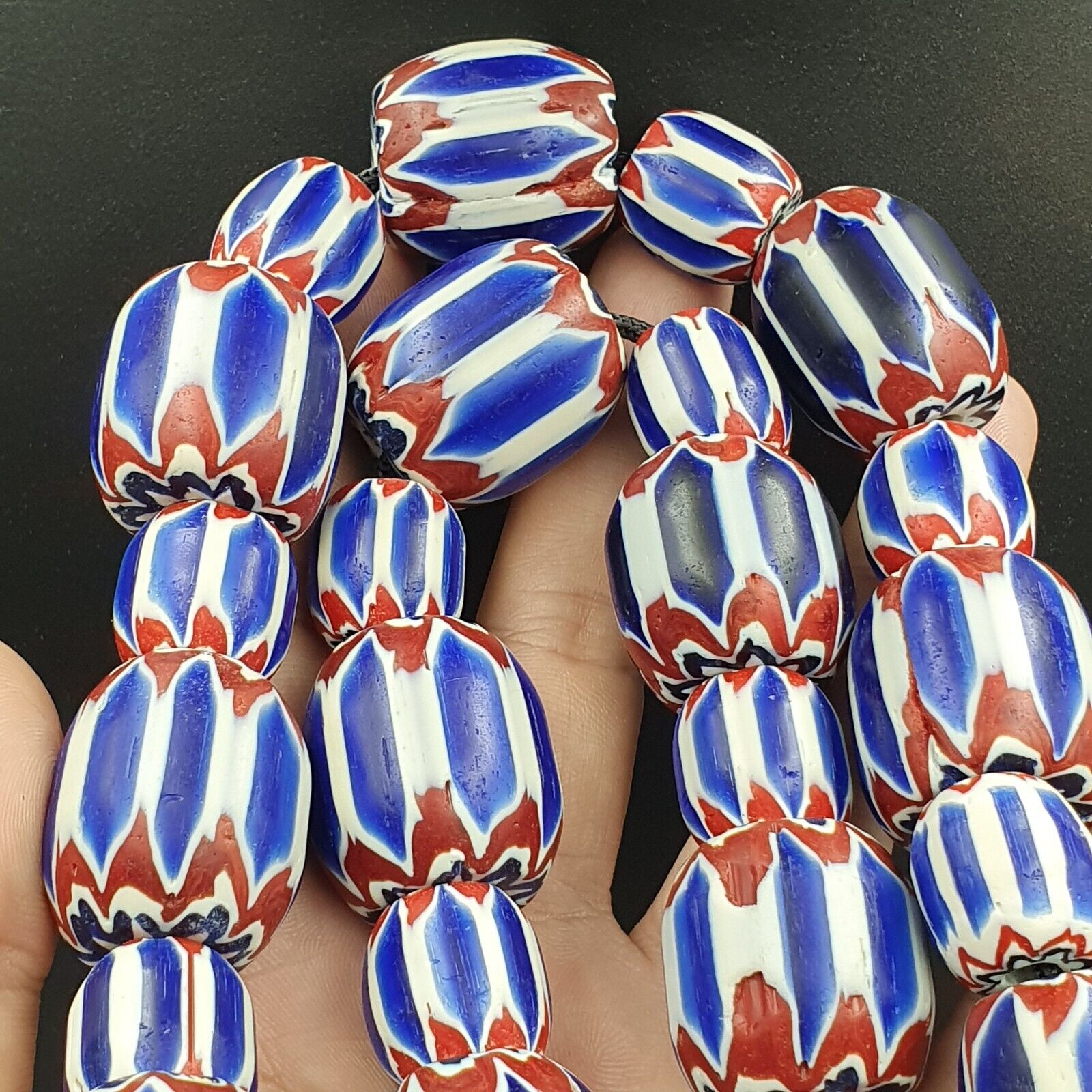 562g Vintage Venetian Inspired Trade Beads Black Chevron Glass Beads Strand