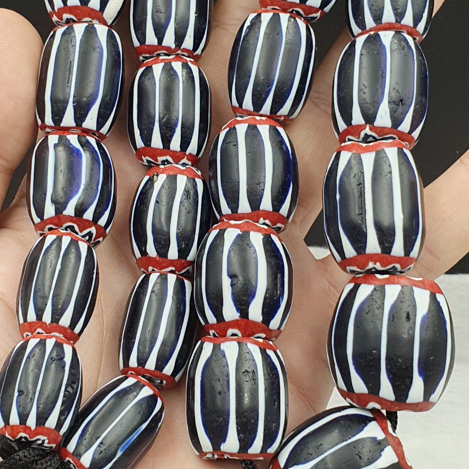 441g Vintage Venetian Style Trade Beads Black Chevron Glass Beads Long necklace