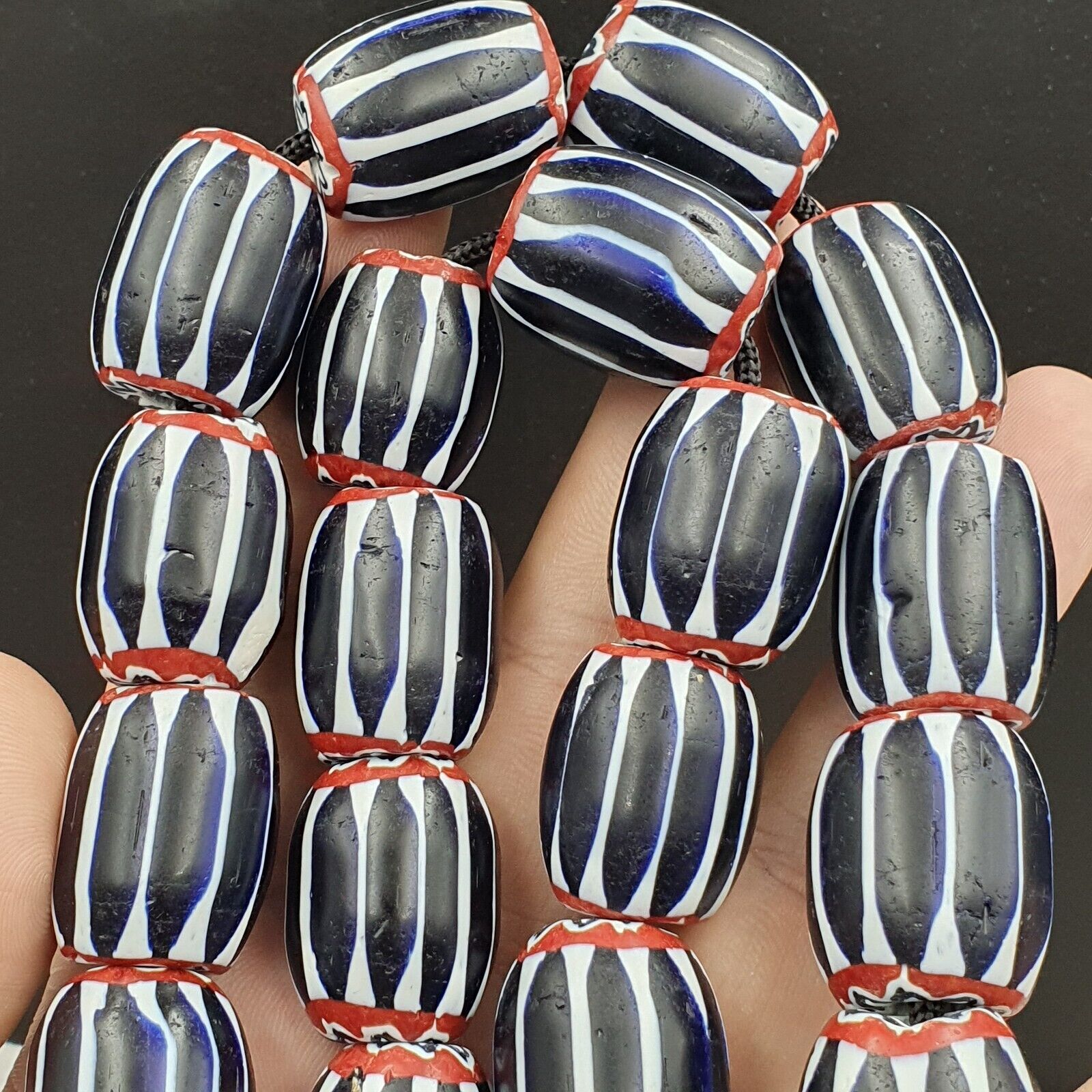 441g Vintage Venetian Style Trade Beads Black Chevron Glass Beads Long necklace