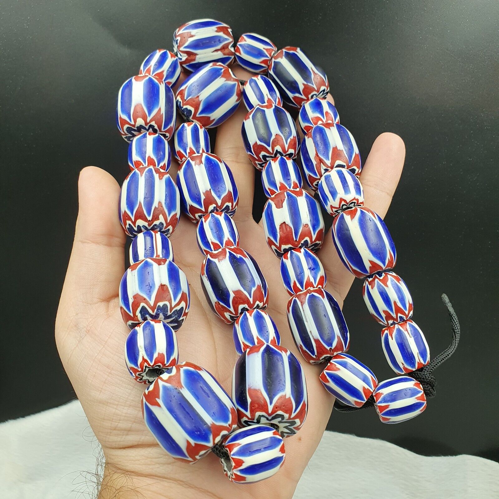 562g Vintage Venetian Inspired Trade Beads Black Chevron Glass Beads Strand