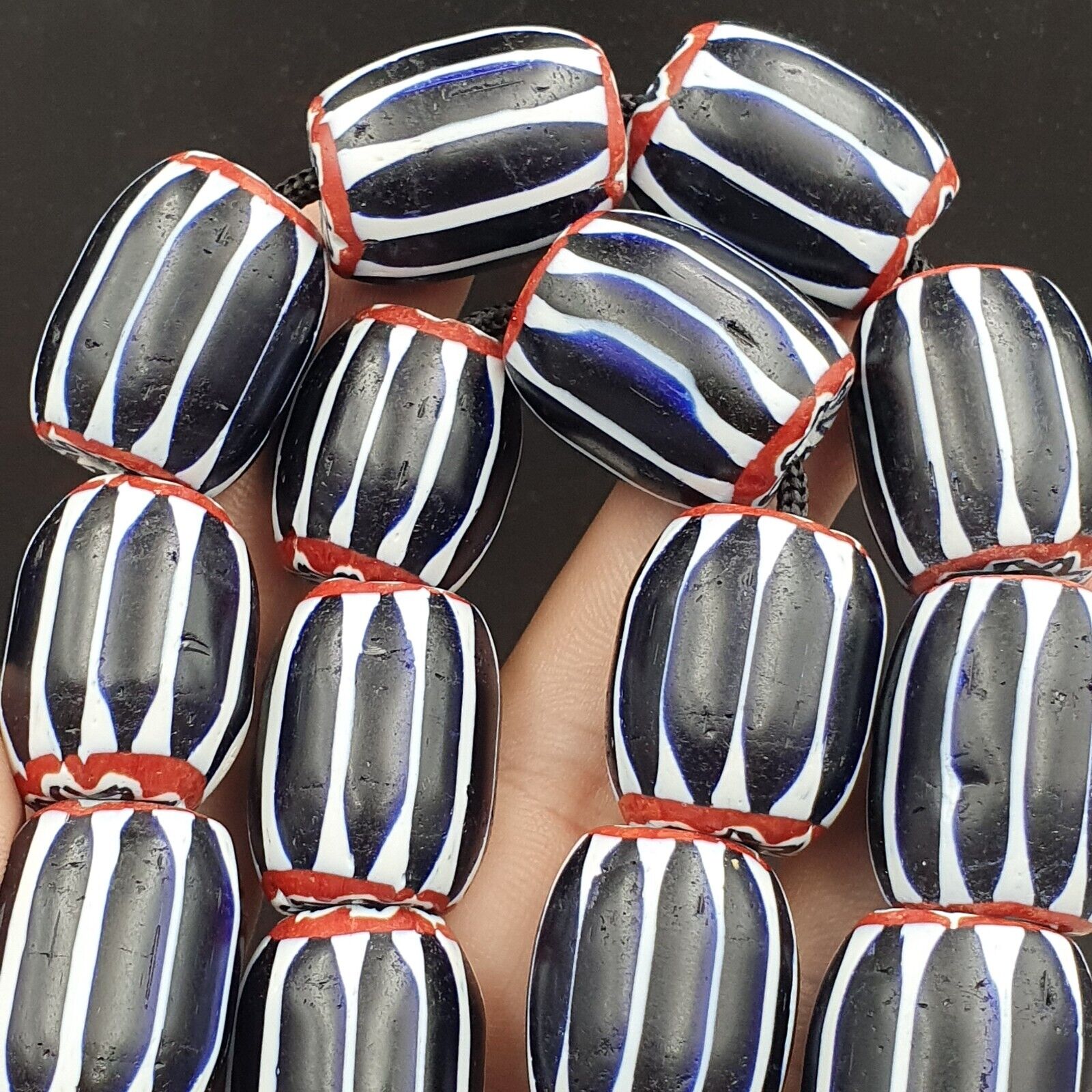 441g Vintage Venetian Style Trade Beads Black Chevron Glass Beads Long necklace