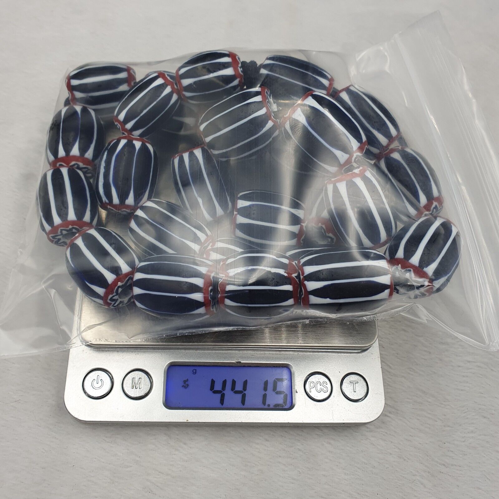 441g Vintage Venetian Style Trade Beads Black Chevron Glass Beads Long necklace