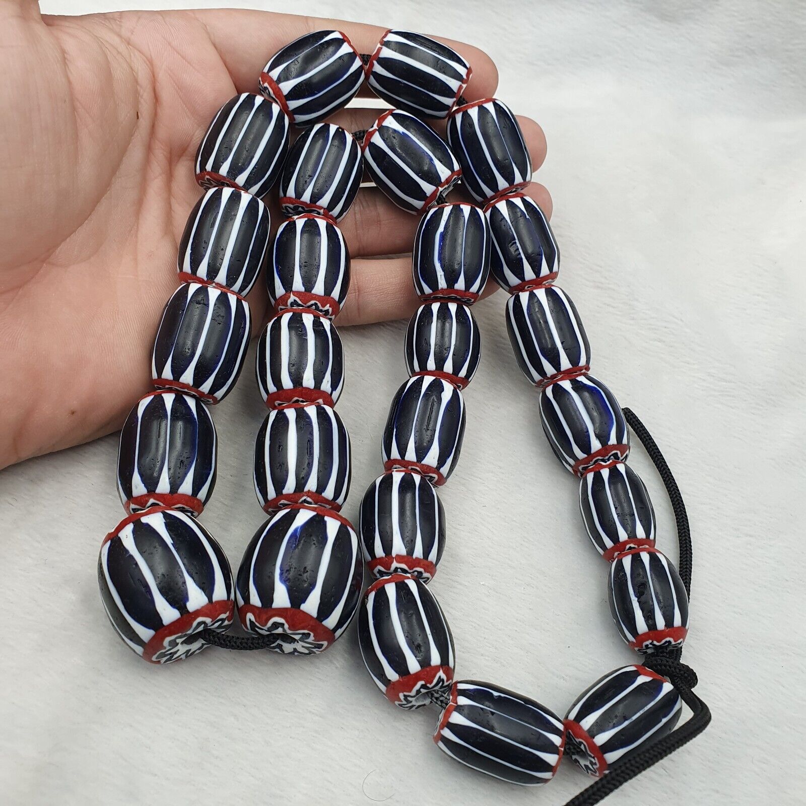 441g Vintage Venetian Style Trade Beads Black Chevron Glass Beads Long necklace