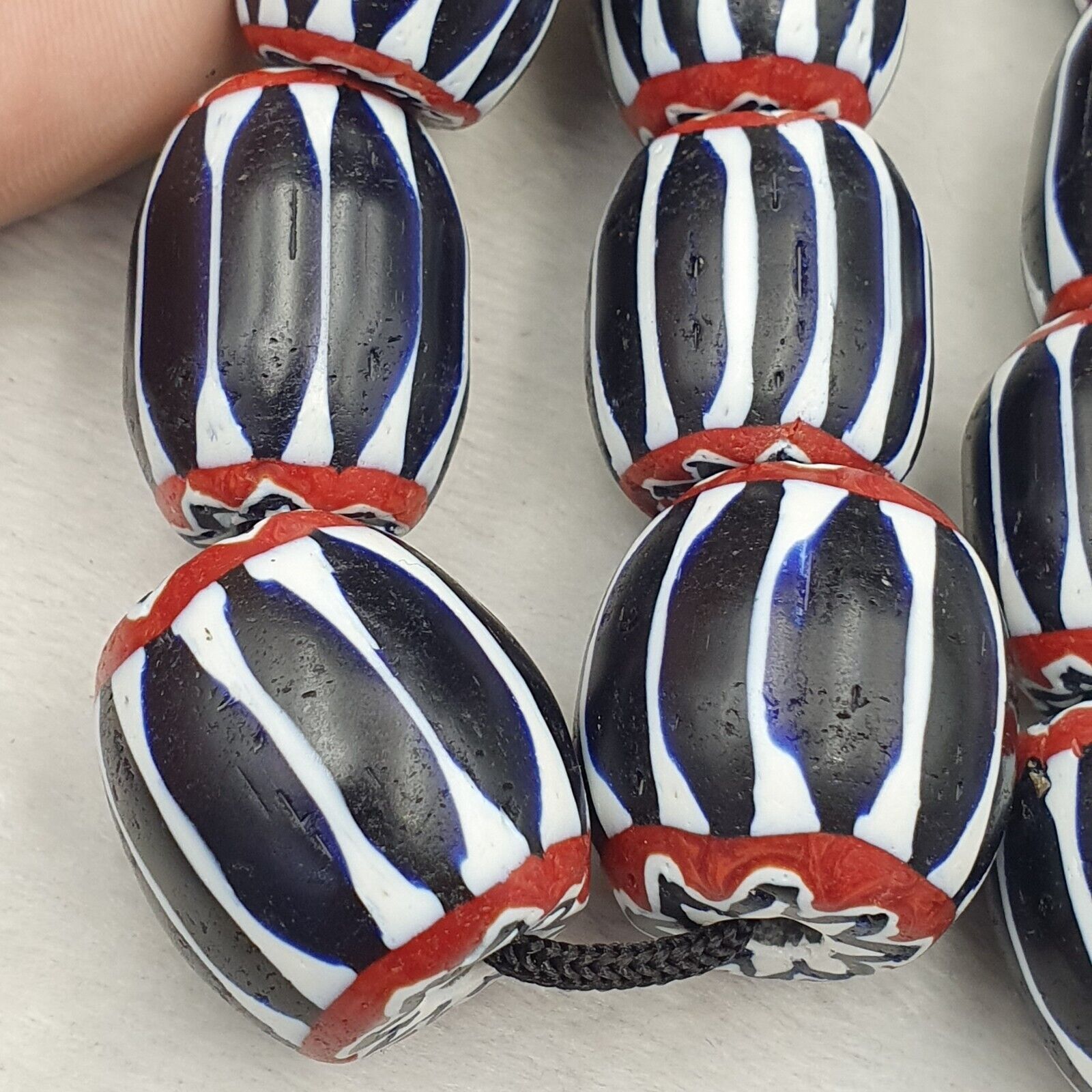 441g Vintage Venetian Style Trade Beads Black Chevron Glass Beads Long necklace