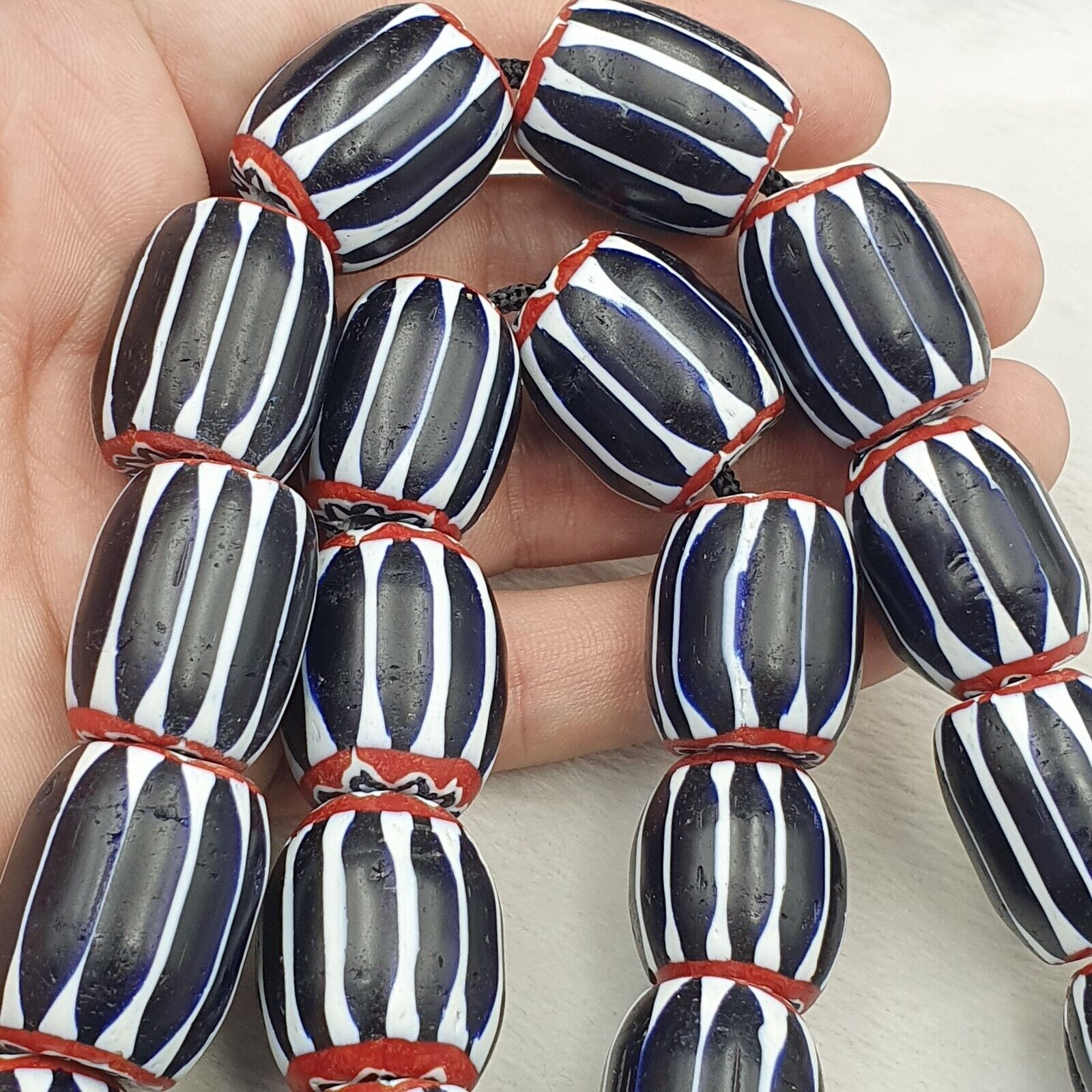 441g Vintage Venetian Style Trade Beads Black Chevron Glass Beads Long necklace