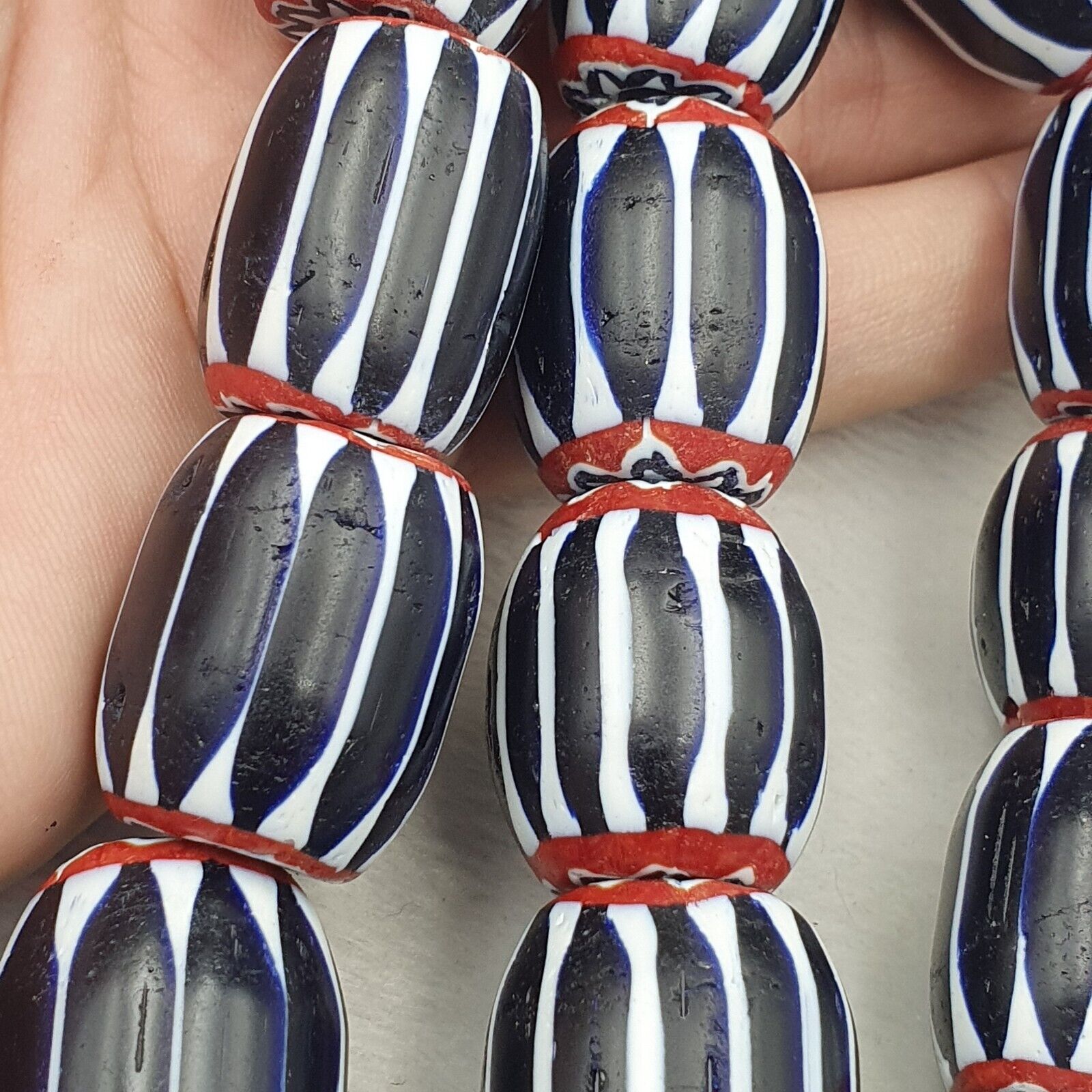 441g Vintage Venetian Style Trade Beads Black Chevron Glass Beads Long necklace