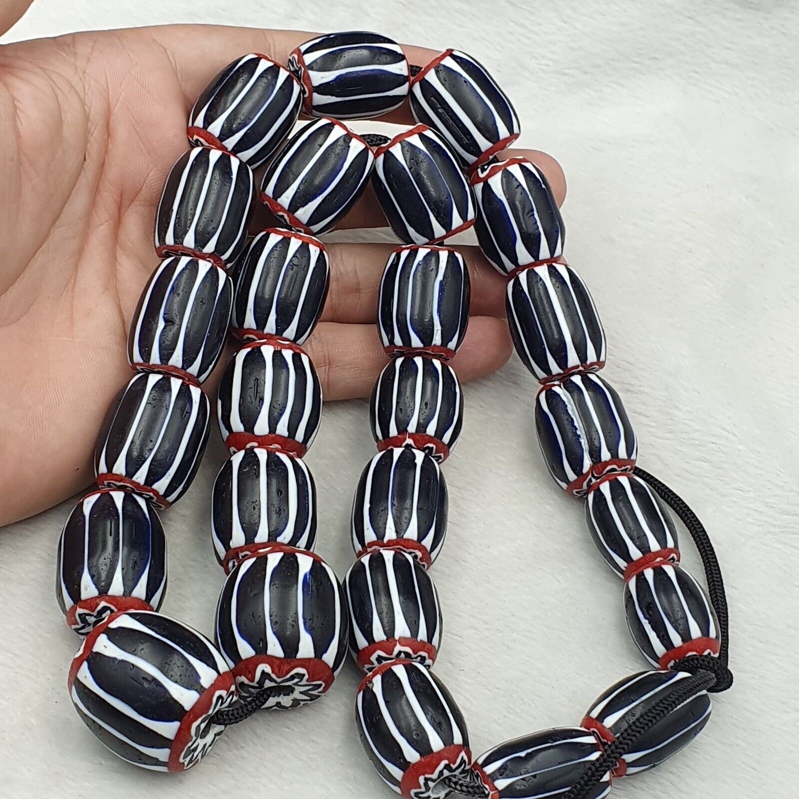 441g Vintage Venetian Style Trade Beads Black Chevron Glass Beads Long necklace