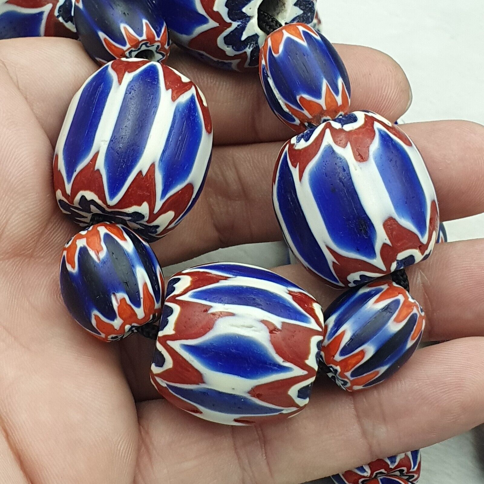 440g Vintage Venetian Style Trade Beads Blue Chevron Glass Beads Long necklace