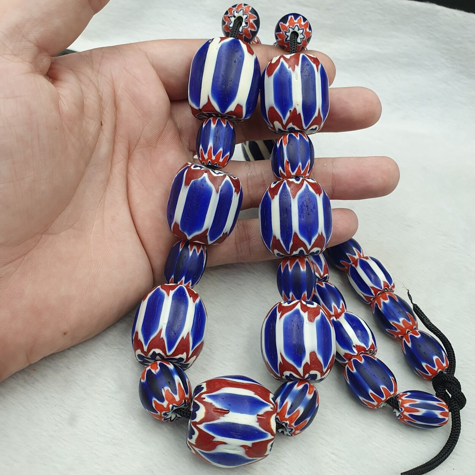 440g Vintage Venetian Style Trade Beads Blue Chevron Glass Beads Long necklace