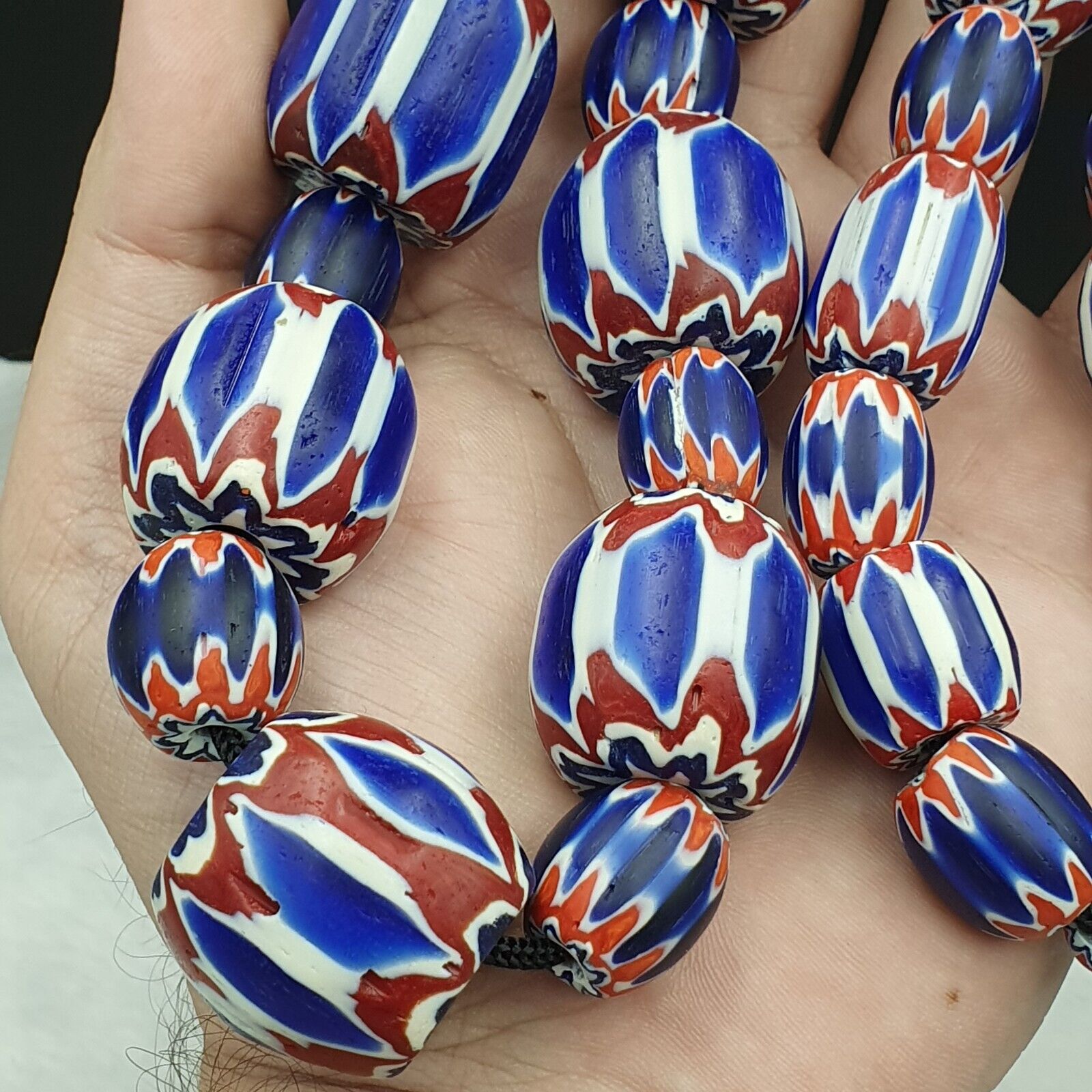 440g Vintage Venetian Style Trade Beads Blue Chevron Glass Beads Long necklace