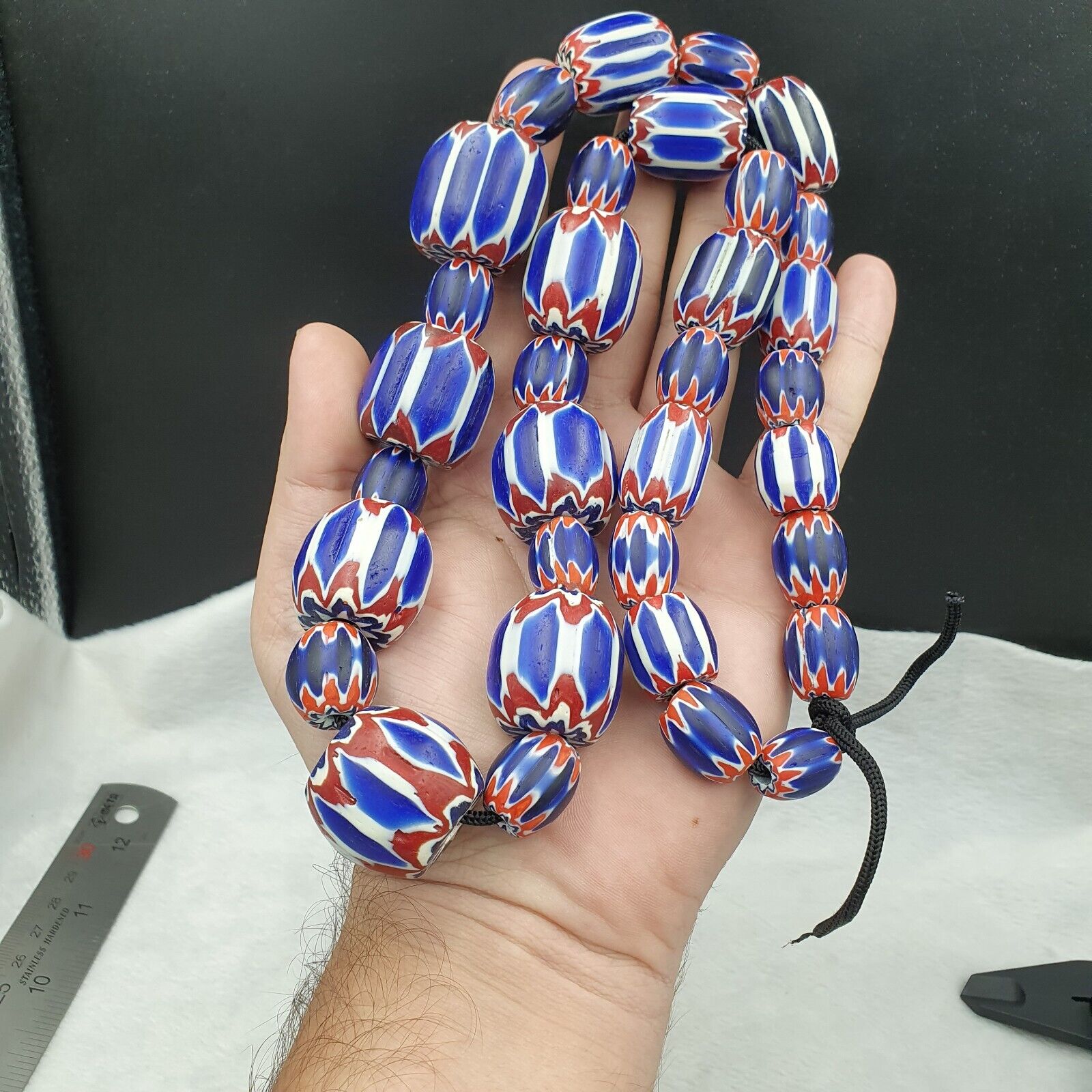 440g Vintage Venetian Style Trade Beads Blue Chevron Glass Beads Long necklace