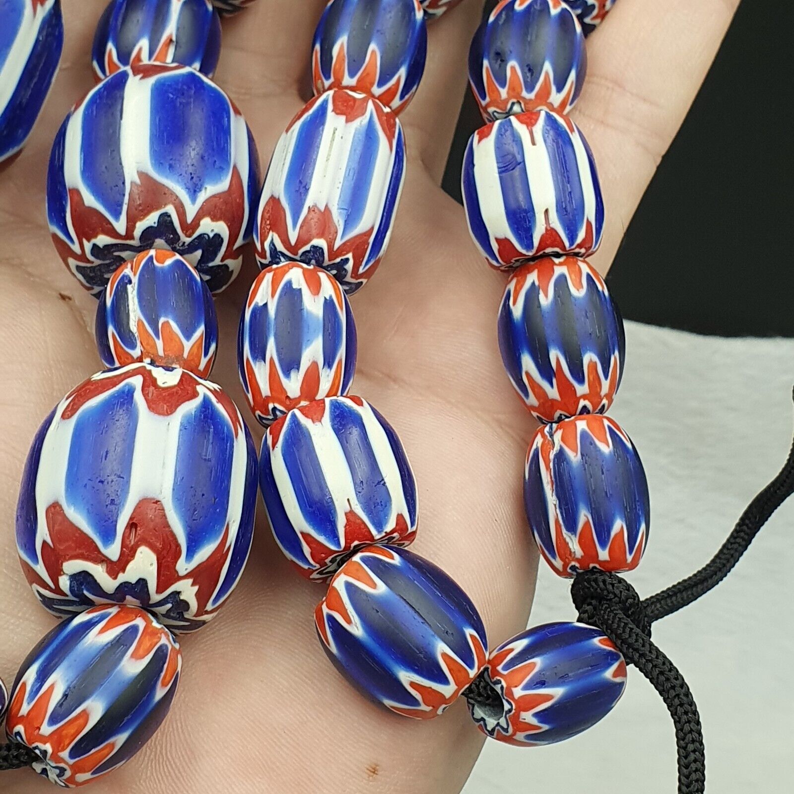 440g Vintage Venetian Style Trade Beads Blue Chevron Glass Beads Long necklace
