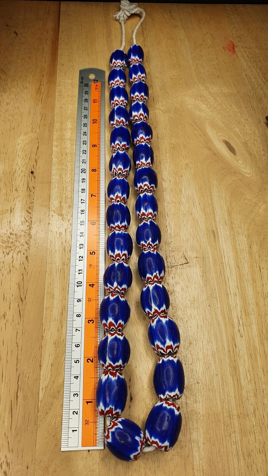 Antique Venetian inspired Trade African Blue Glass Chevron Beads Long Strand