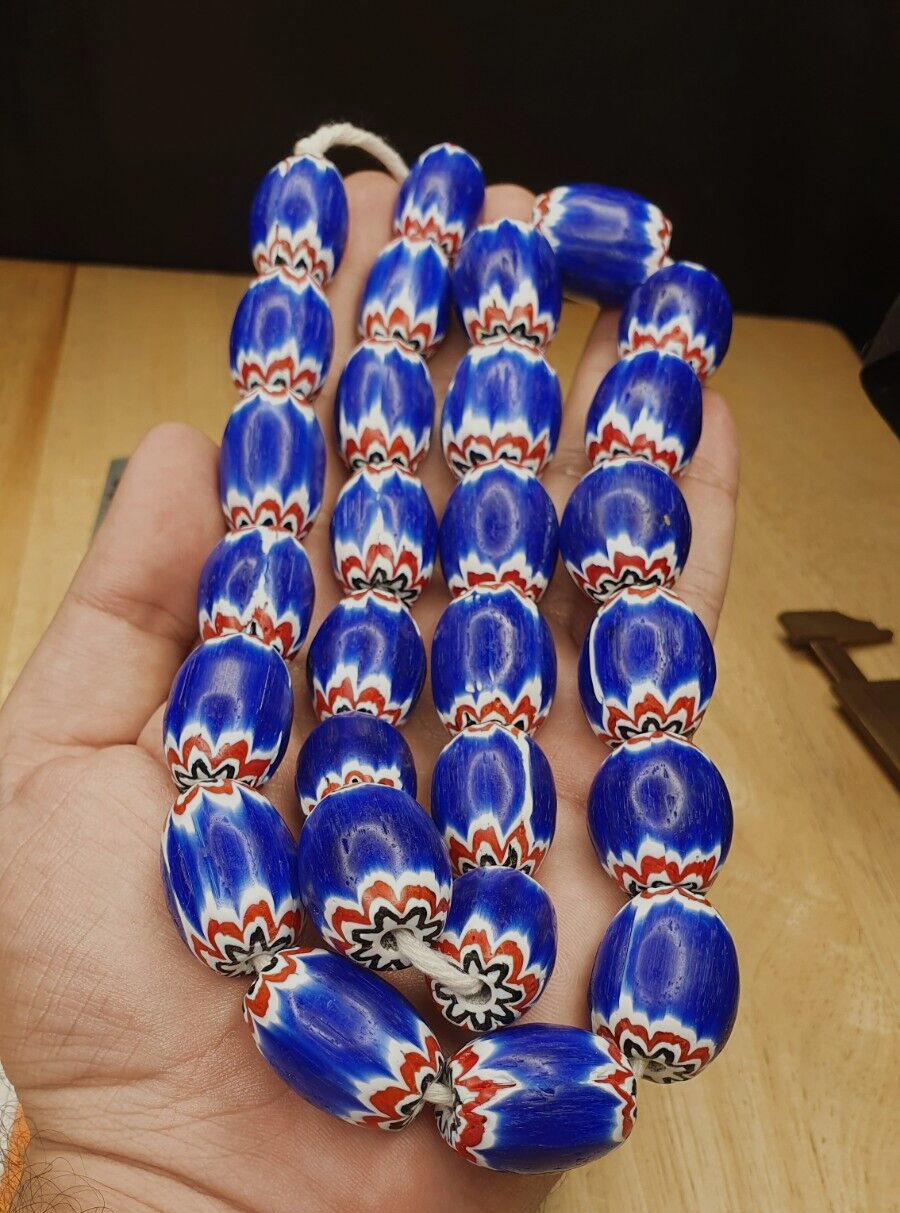 Antique Venetian inspired Trade African Blue Glass Chevron Beads Long Strand