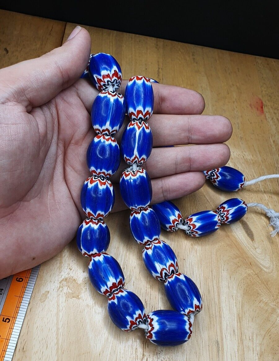 Antique Venetian inspired Trade African Blue Glass Chevron Beads Long Strand