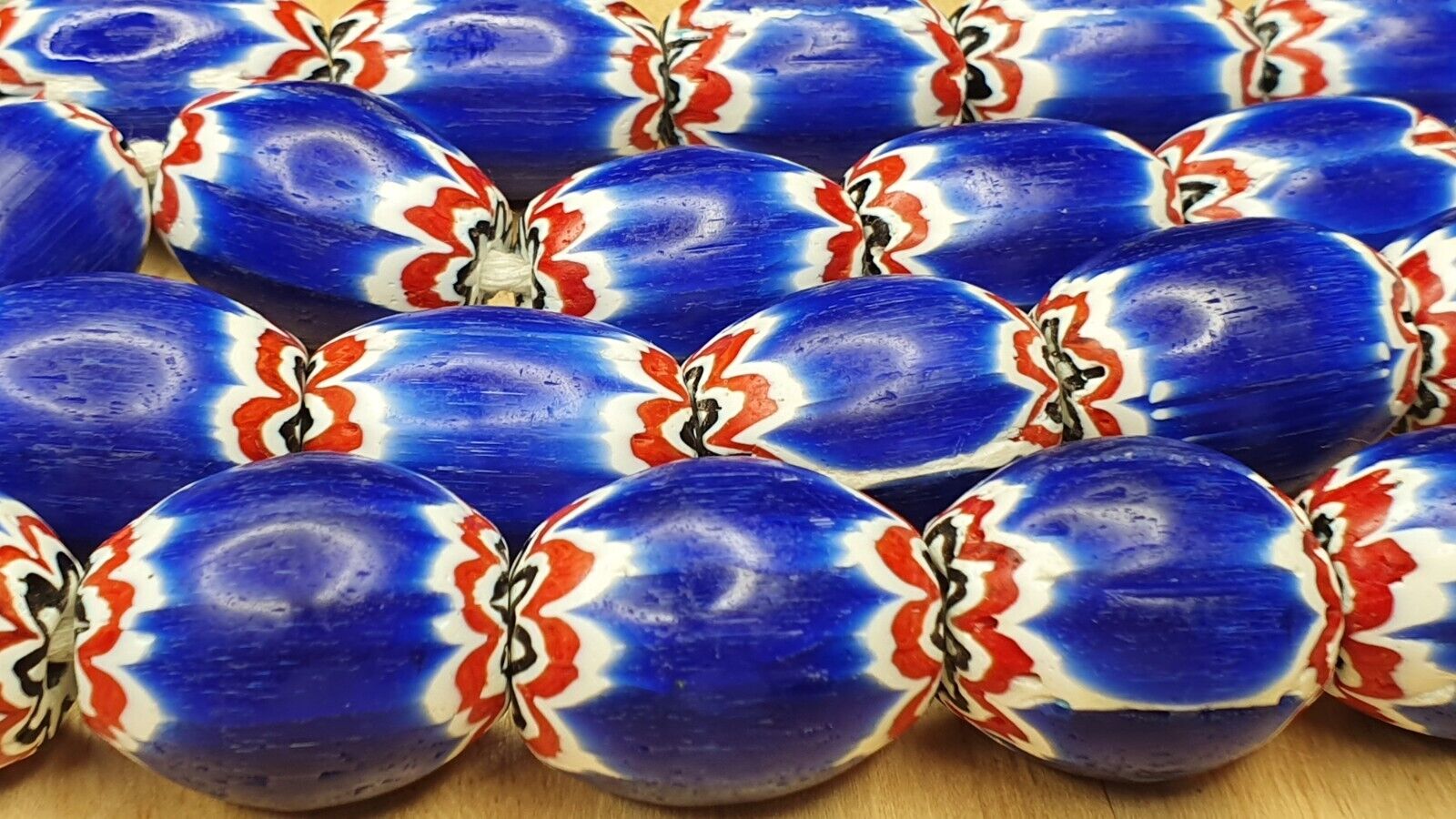 Antique Venetian inspired Trade African Blue Glass Chevron Beads Long Strand