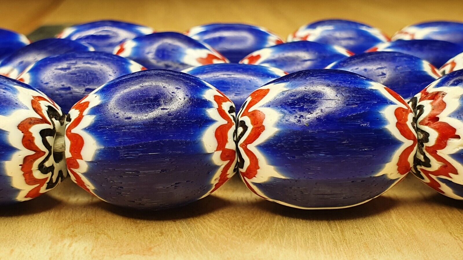 Antique Venetian inspired Trade African Blue Glass Chevron Beads Long Strand