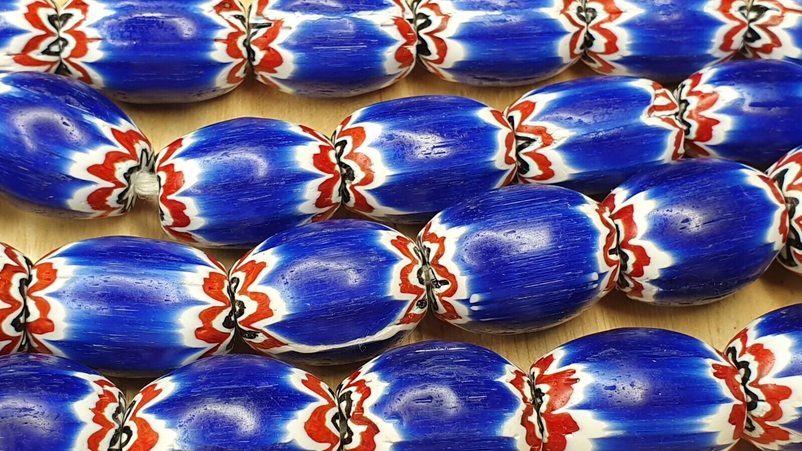 Antique Venetian inspired Trade African Blue Glass Chevron Beads Long Strand