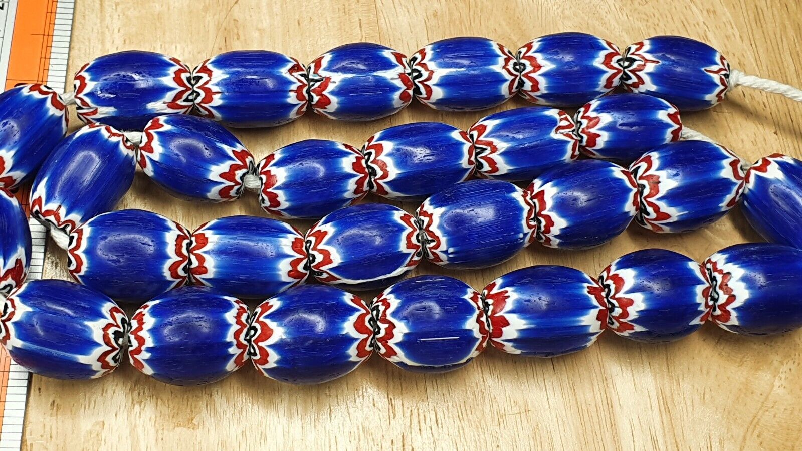 Antique Venetian inspired Trade African Blue Glass Chevron Beads Long Strand