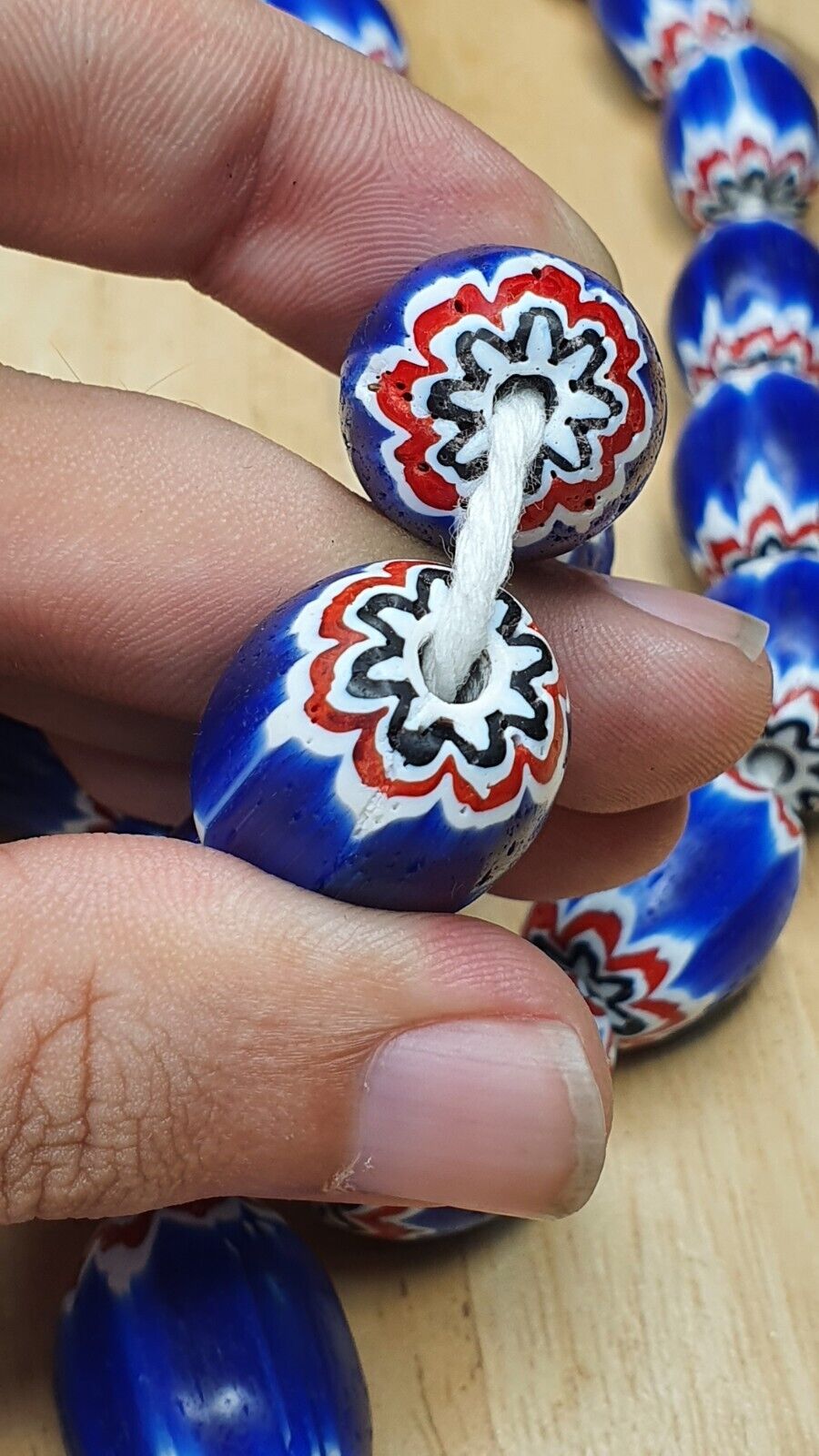 Antique Venetian inspired Trade African Blue Glass Chevron Beads Long Strand