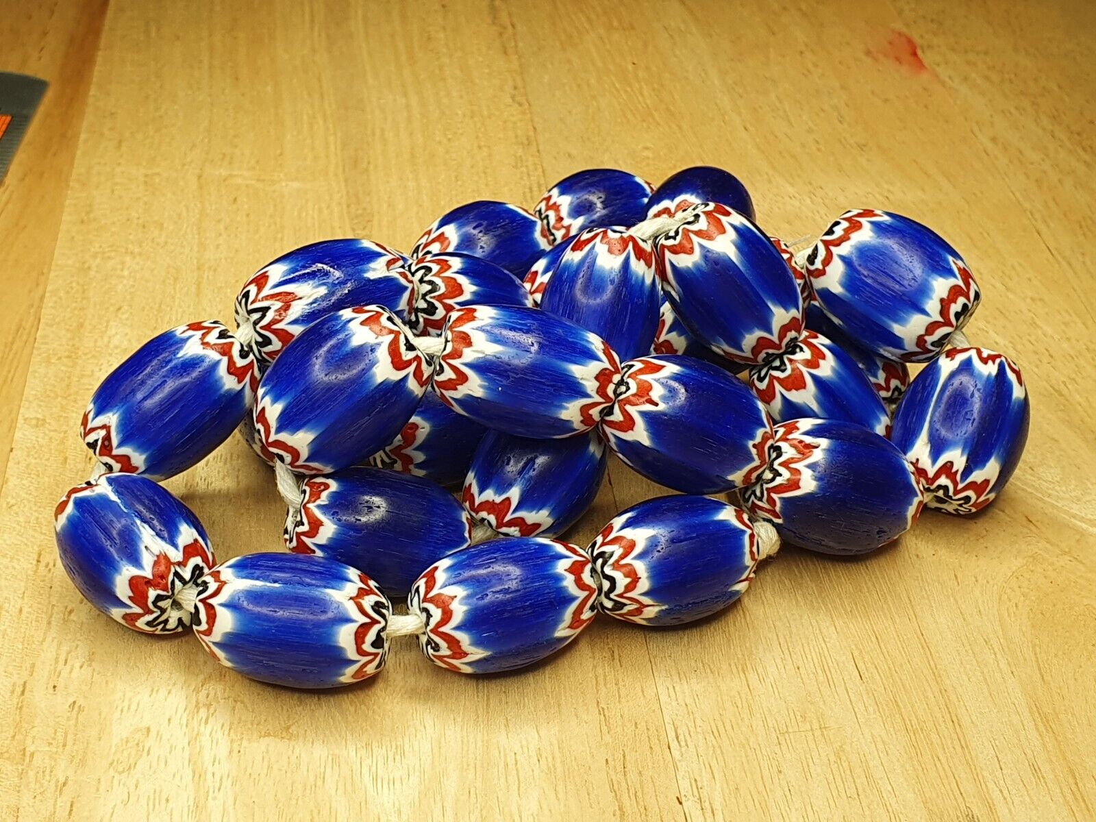Antique Venetian inspired Trade African Blue Glass Chevron Beads Long Strand