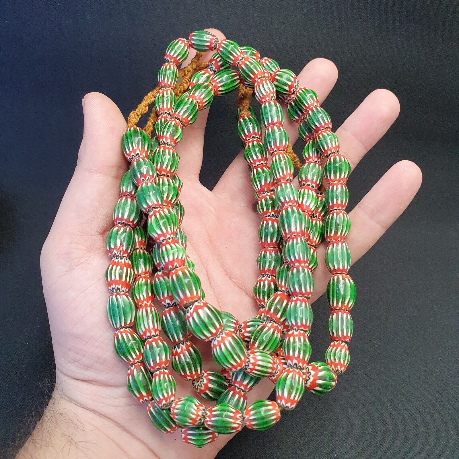 Vintage Venetian African Style Green Glass Chevron 9mmx13mm Beads Long Strand