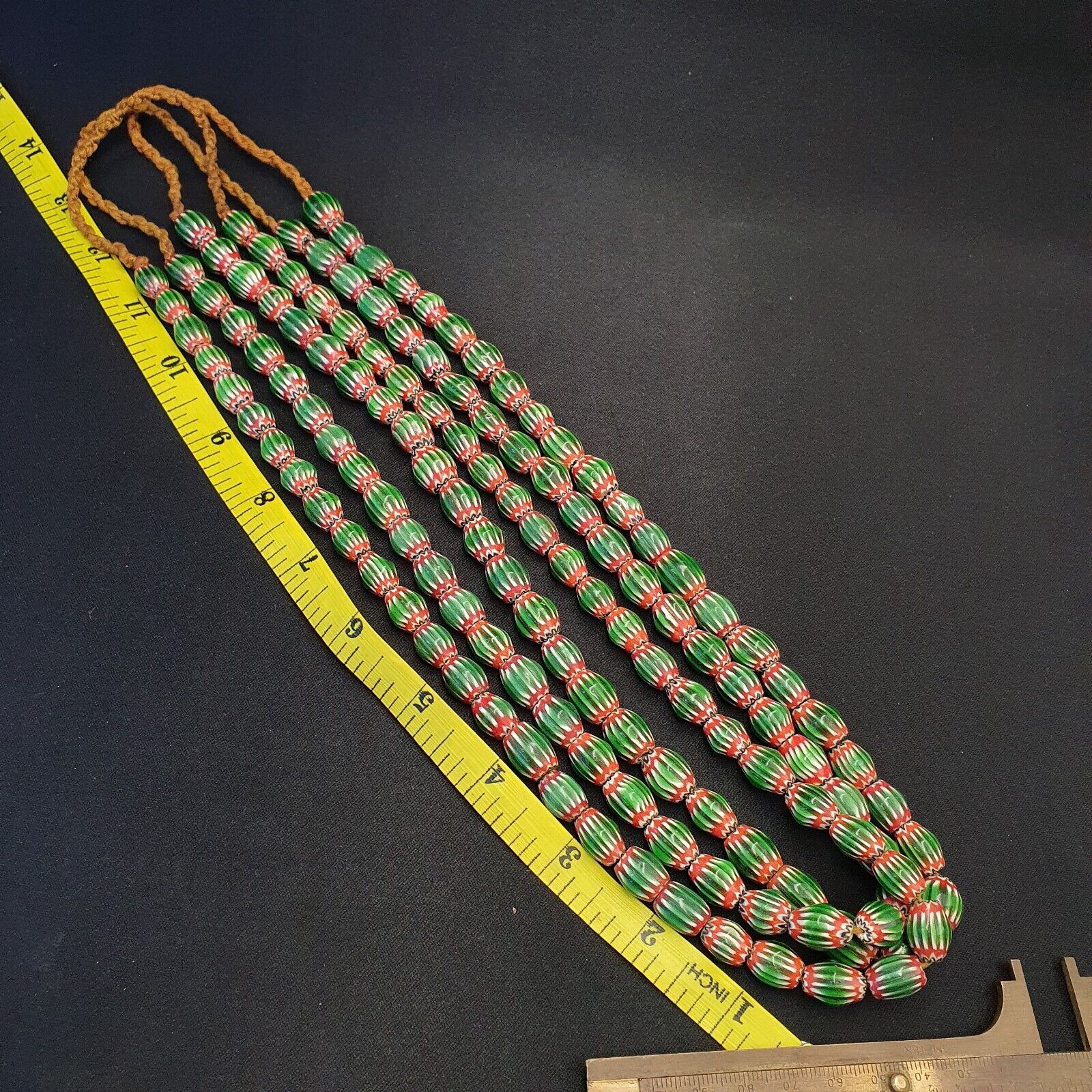 Vintage Venetian African Style Green Glass Chevron 9mmx13mm Beads Long Strand