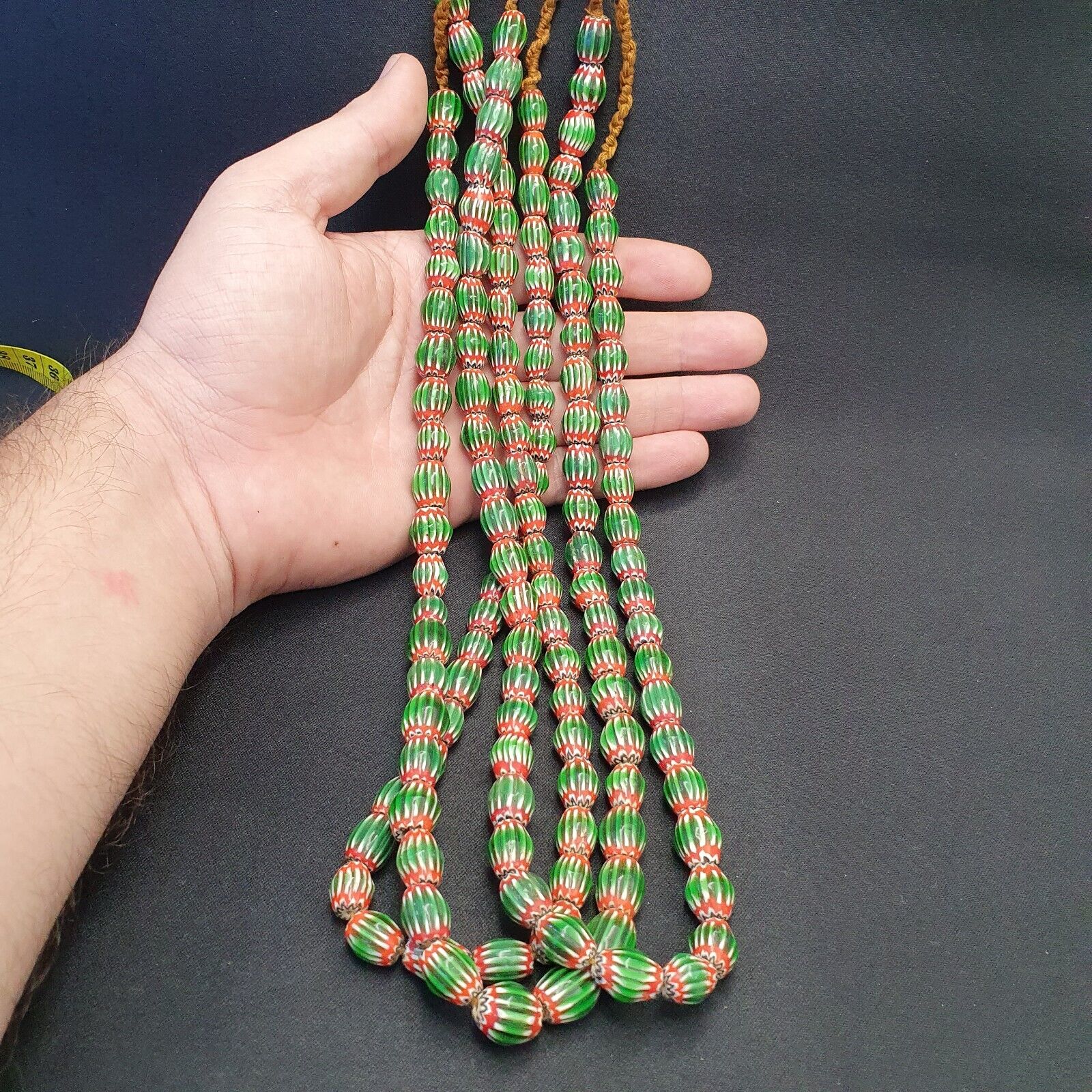 Vintage Venetian African Style Green Glass Chevron 9mmx13mm Beads Long Strand