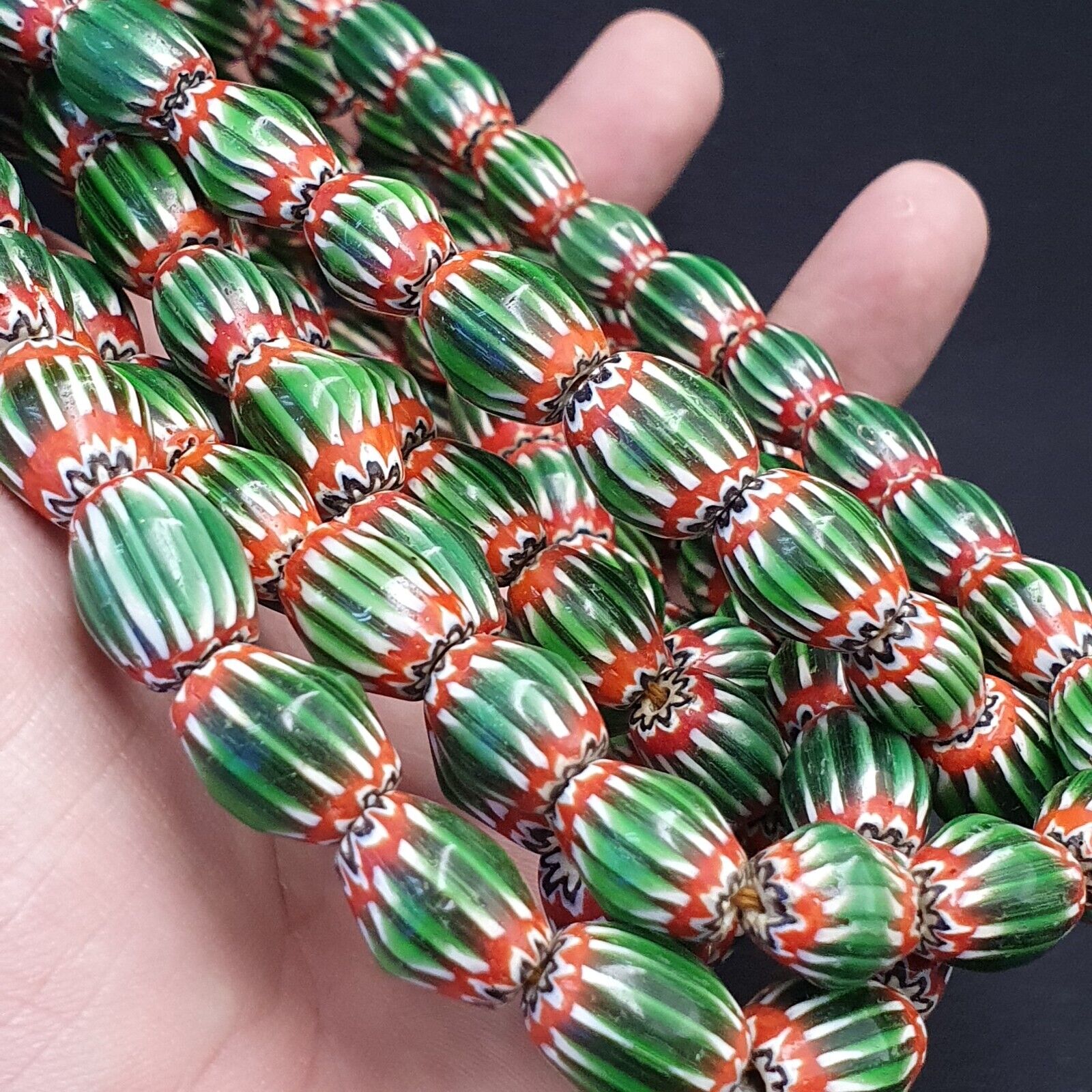 Vintage Venetian African Style Green Glass Chevron 9mmx13mm Beads Long Strand