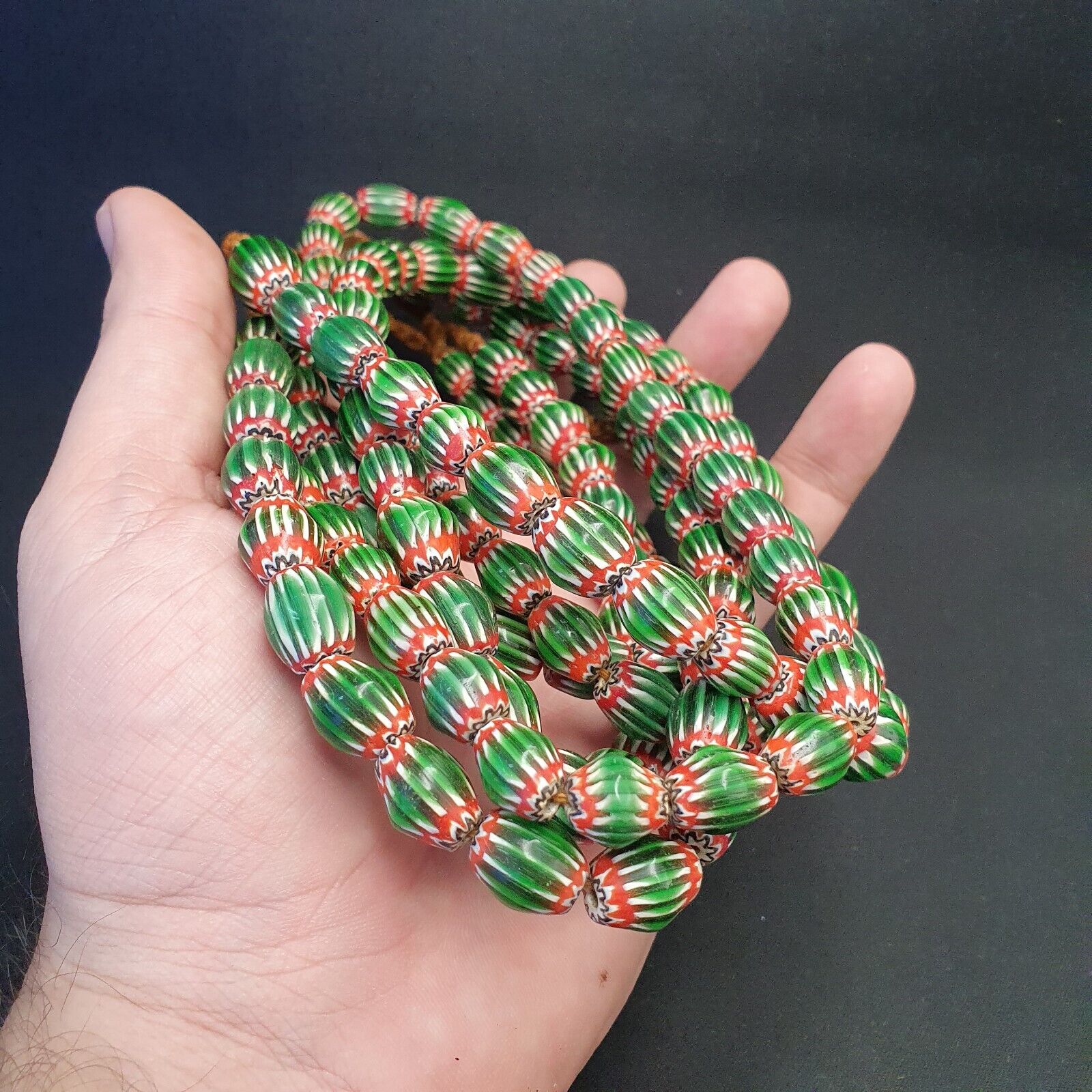 Vintage Venetian African Style Green Glass Chevron 9mmx13mm Beads Long Strand